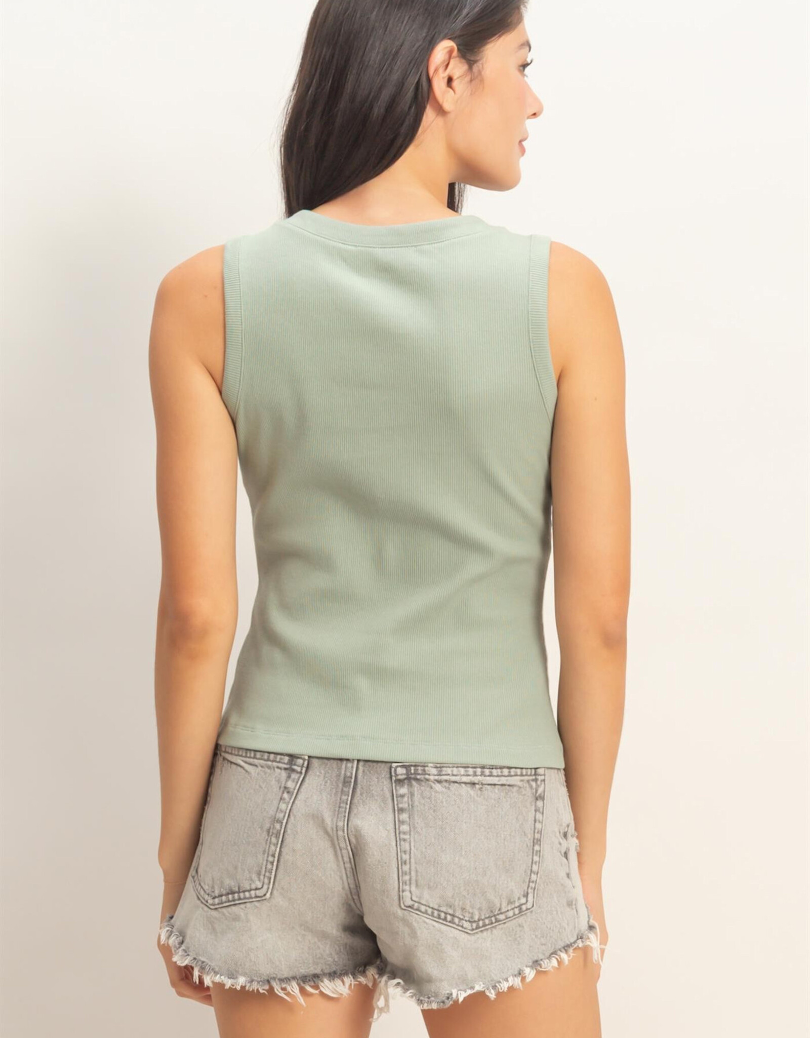 Miss Bliss HYFVE Ribbed Button Front Tank Top-Sage