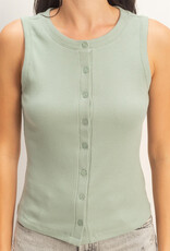 Miss Bliss HYFVE Ribbed Button Front Tank Top-Sage