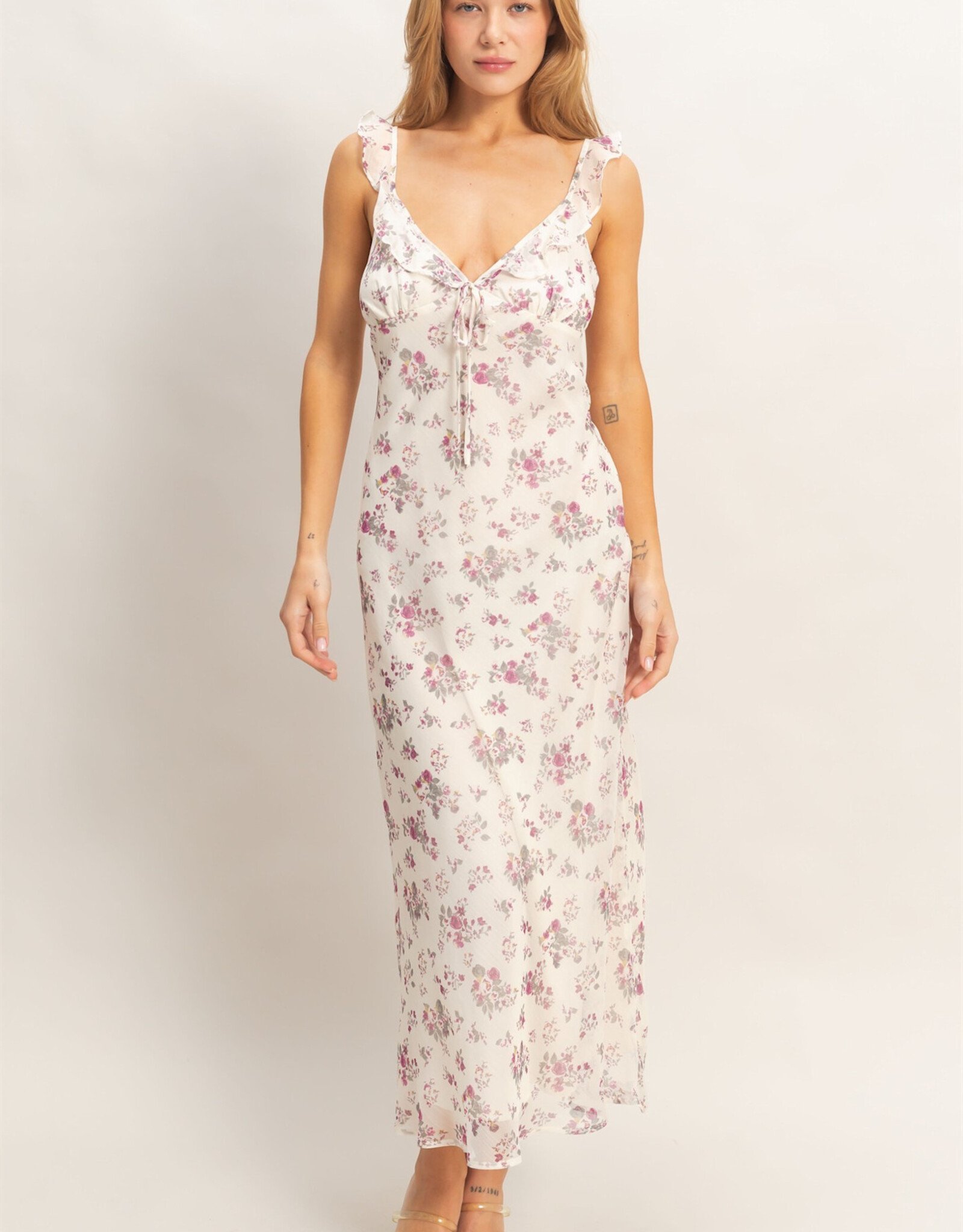 Miss Bliss HYFVE Floral Ruffle Strap Midi Dress-Rose/Iv