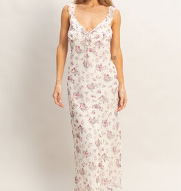 Miss Bliss Floral Ruffle Strap Midi Dress-Rose/Iv