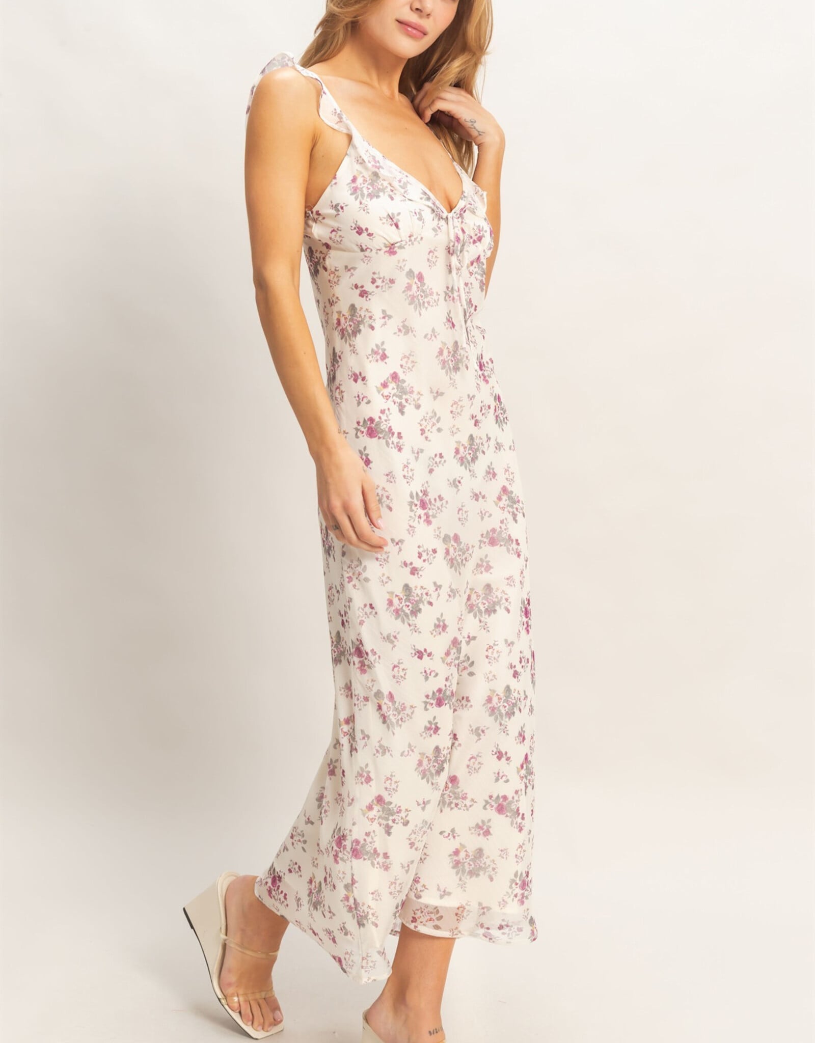 Miss Bliss HYFVE Floral Ruffle Strap Midi Dress-Rose/Iv