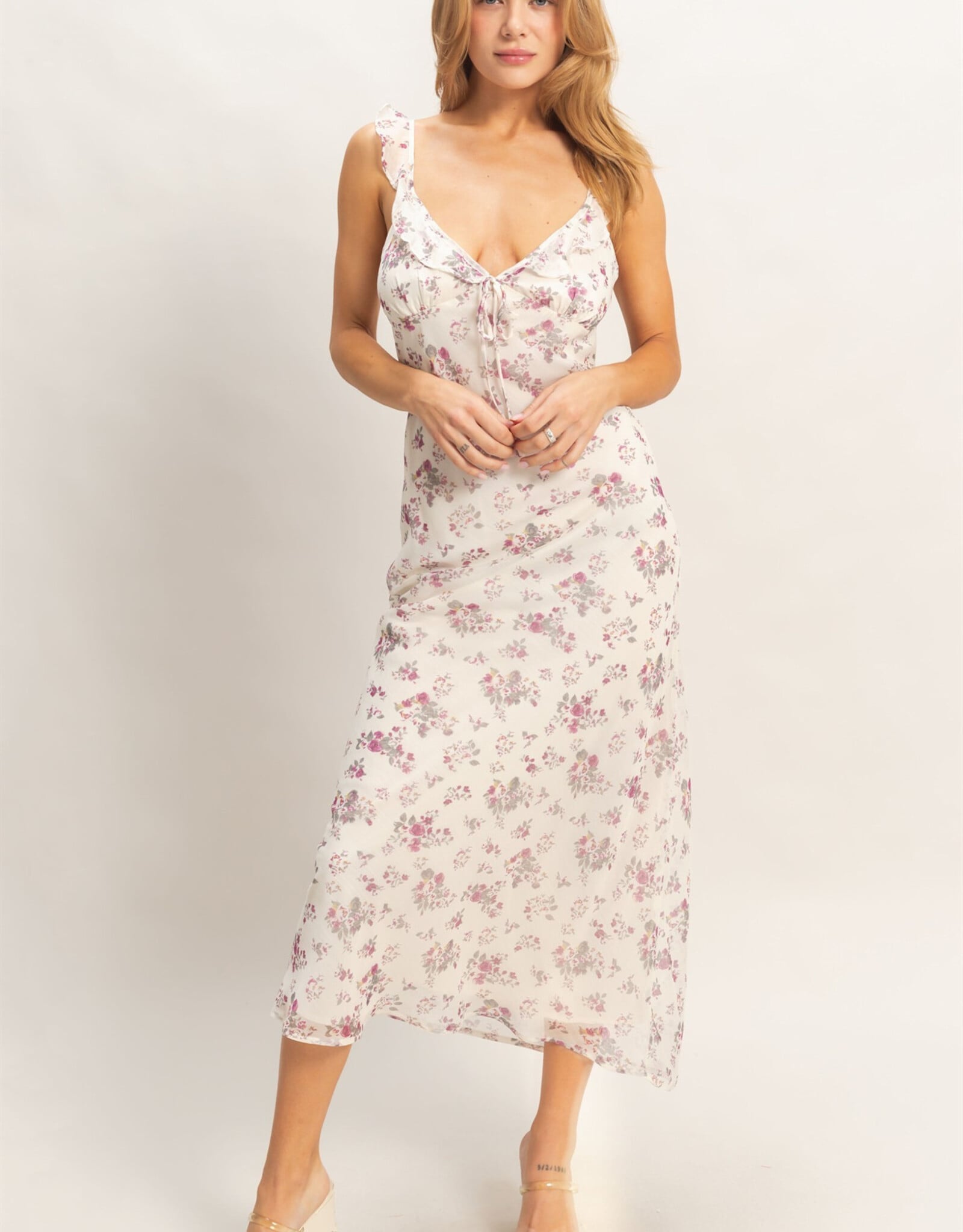 Miss Bliss HYFVE Floral Ruffle Strap Midi Dress-Rose/Iv