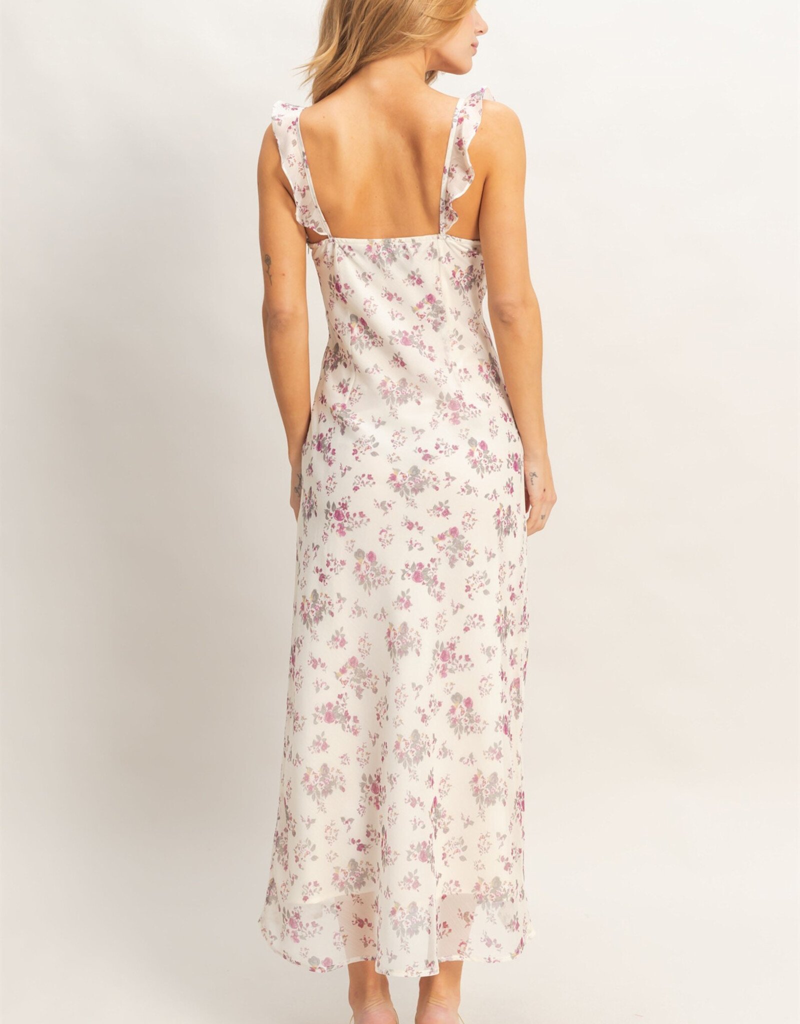 Miss Bliss HYFVE Floral Ruffle Strap Midi Dress-Rose/Iv