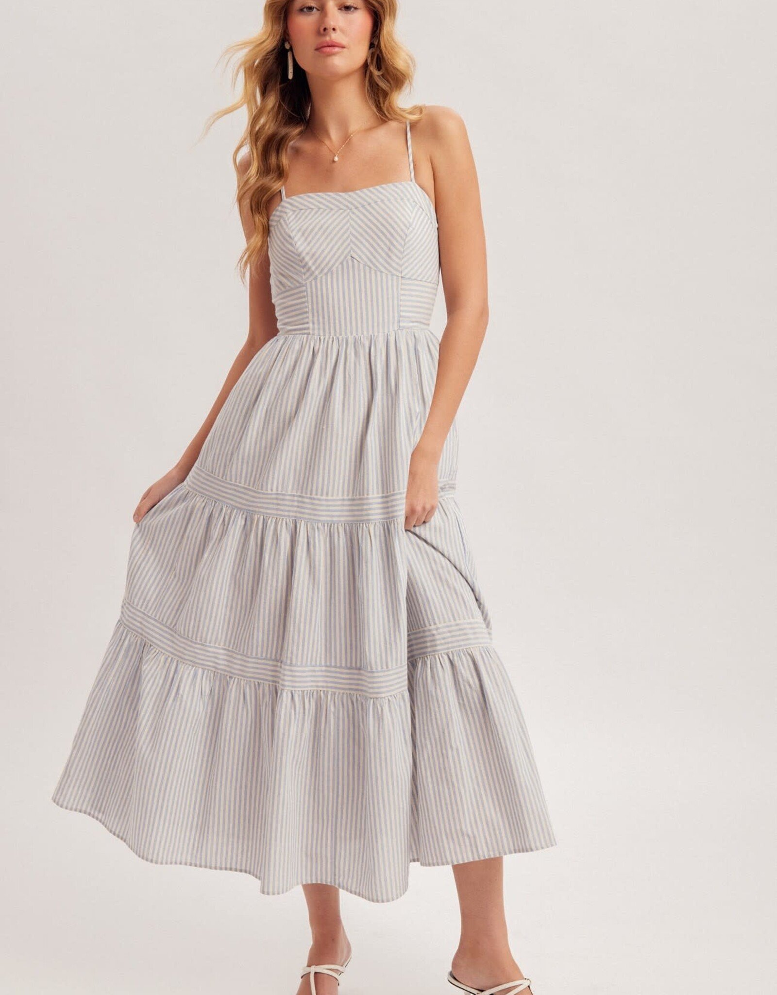 Miss Bliss H&T Sweetheart Nck Smkd Bck Tiered Midi Dress-Blue