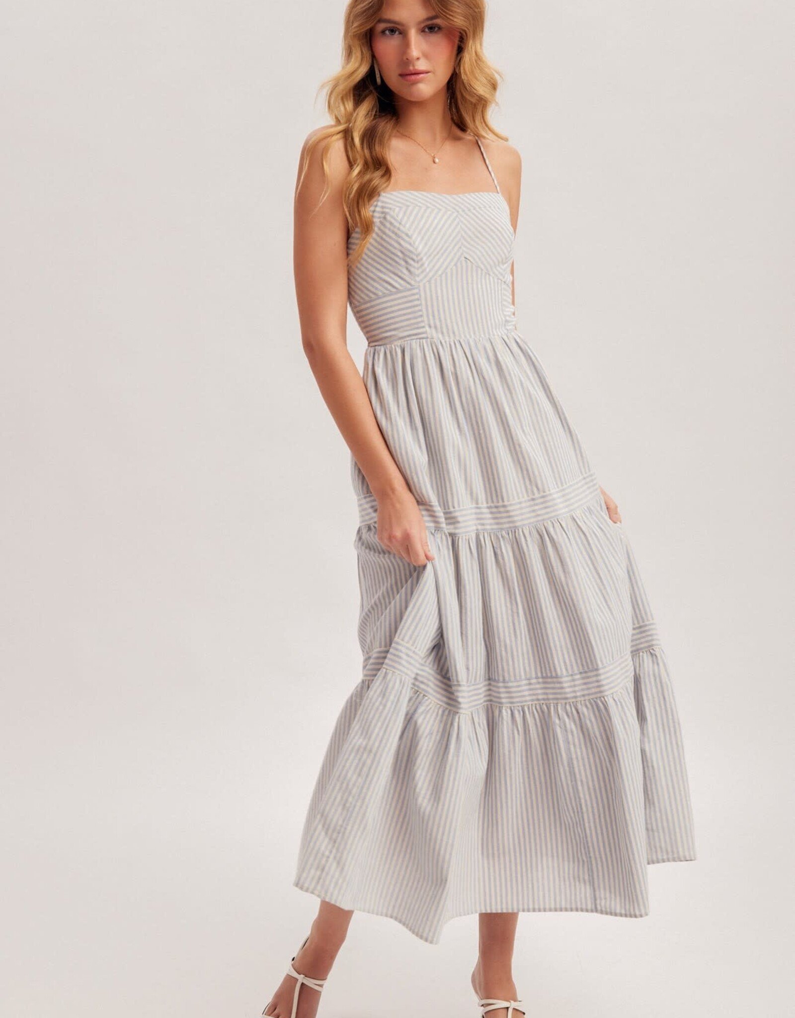 Miss Bliss H&T Sweetheart Nck Smkd Bck Tiered Midi Dress-Blue