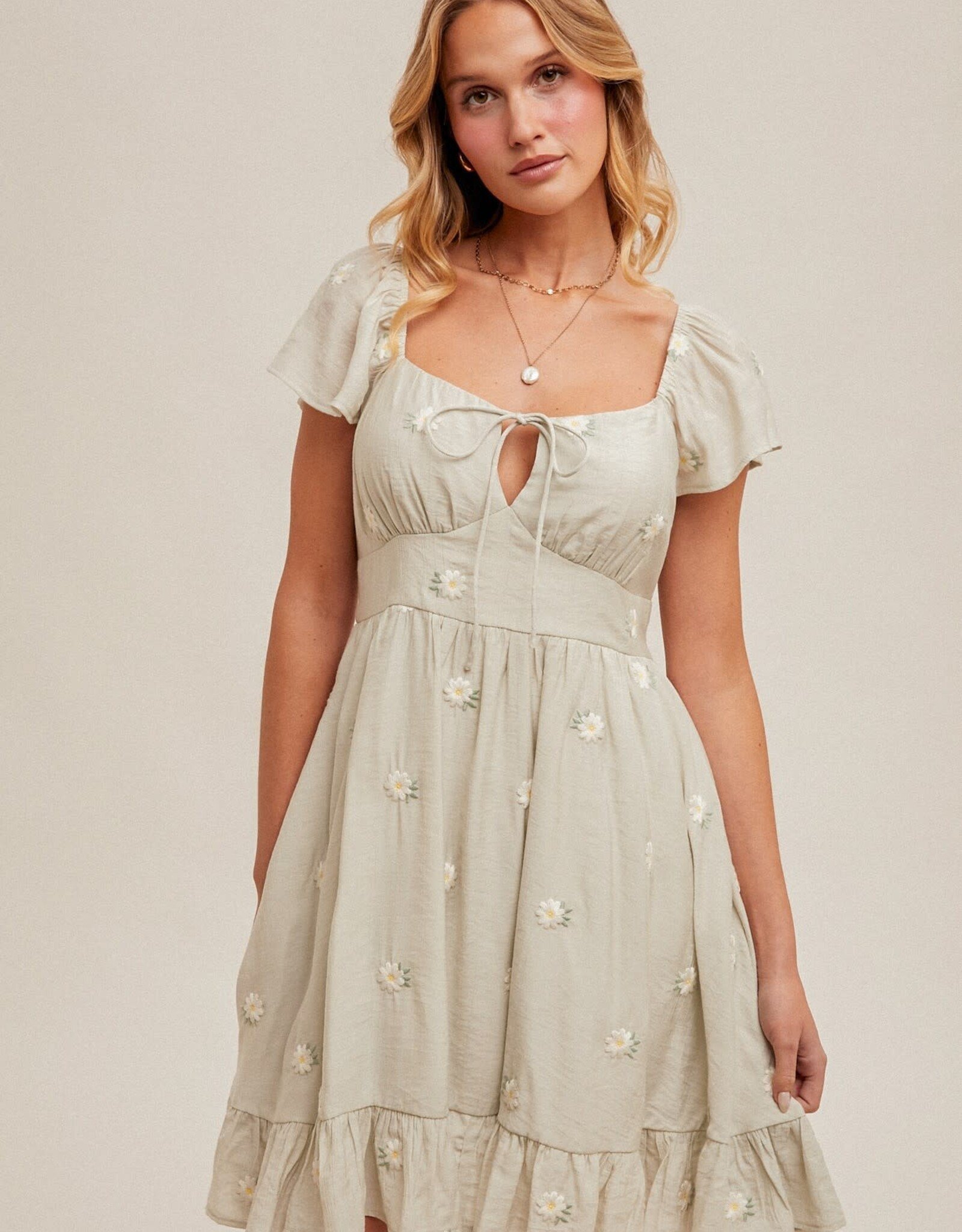 Miss Bliss H&T Daisy Embroidered Rfle Flutter Mini Dress-Sage