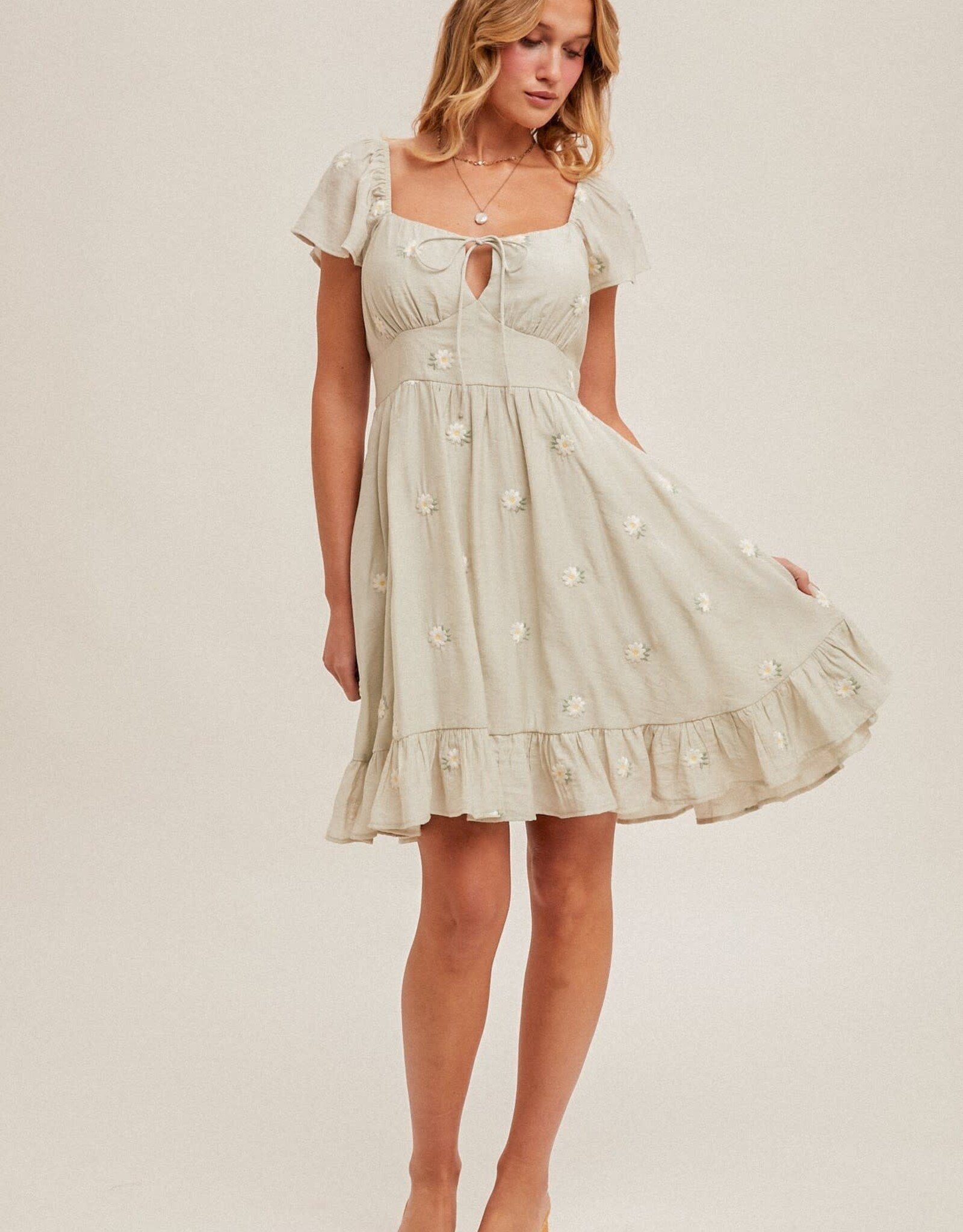 Miss Bliss H&T Daisy Embroidered Rfle Flutter Mini Dress-Sage