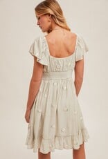 Miss Bliss H&T Daisy Embroidered Rfle Flutter Mini Dress-Sage