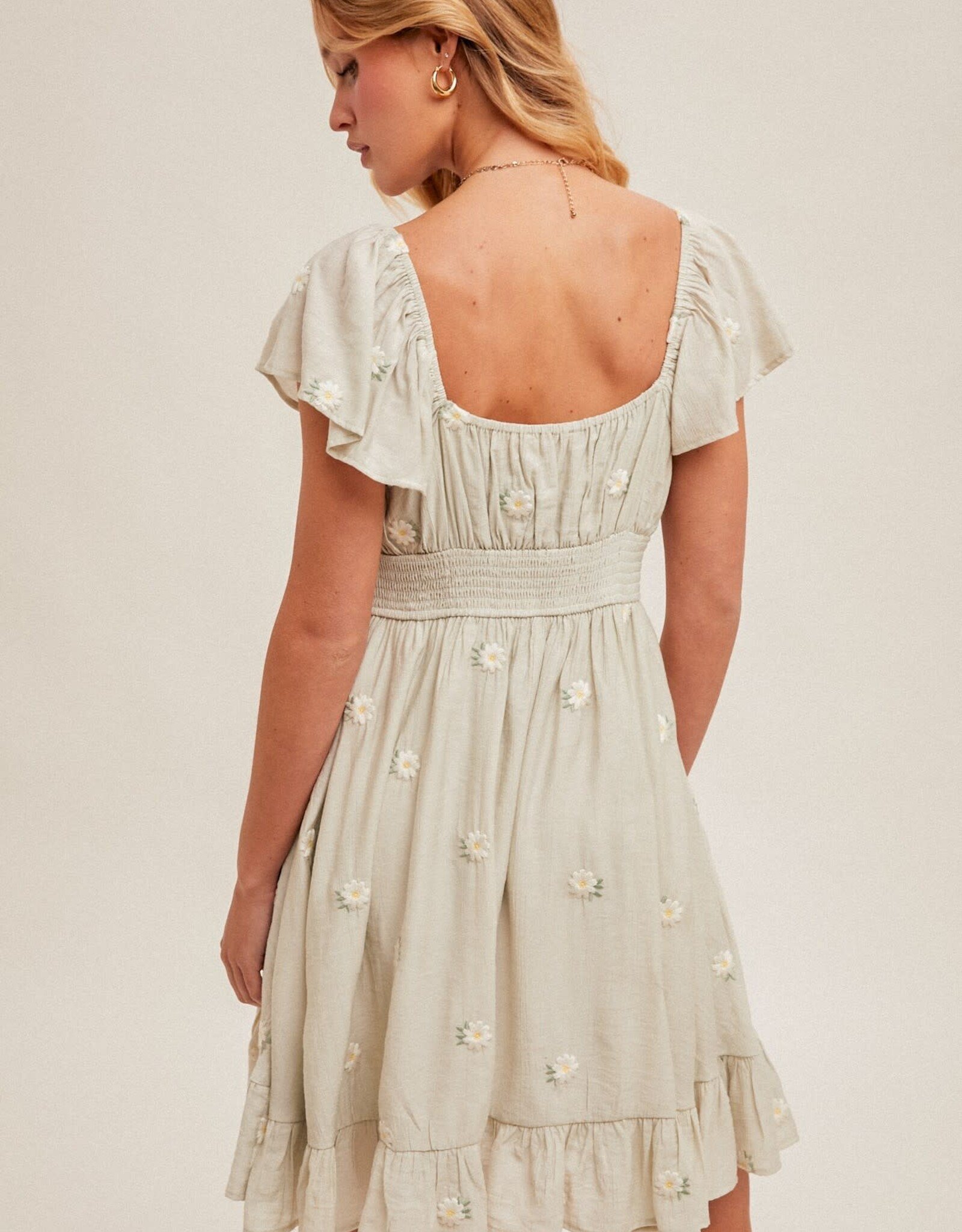 Miss Bliss H&T Daisy Embroidered Rfle Flutter Mini Dress-Sage