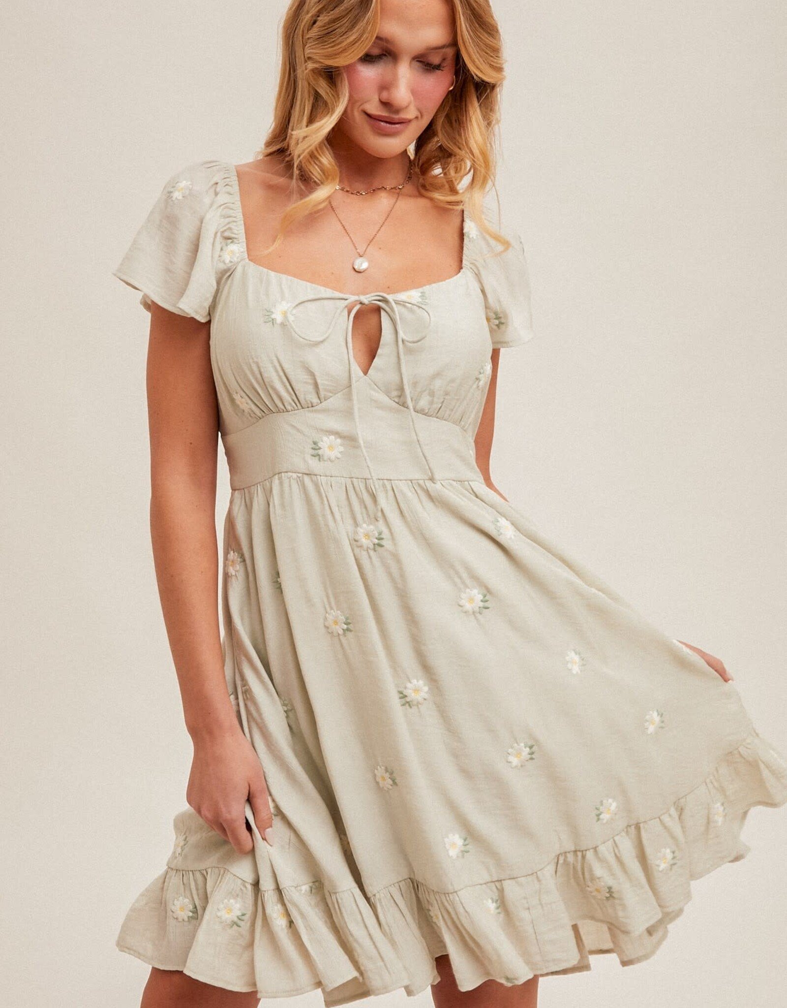 Miss Bliss H&T Daisy Embroidered Rfle Flutter Mini Dress-Sage