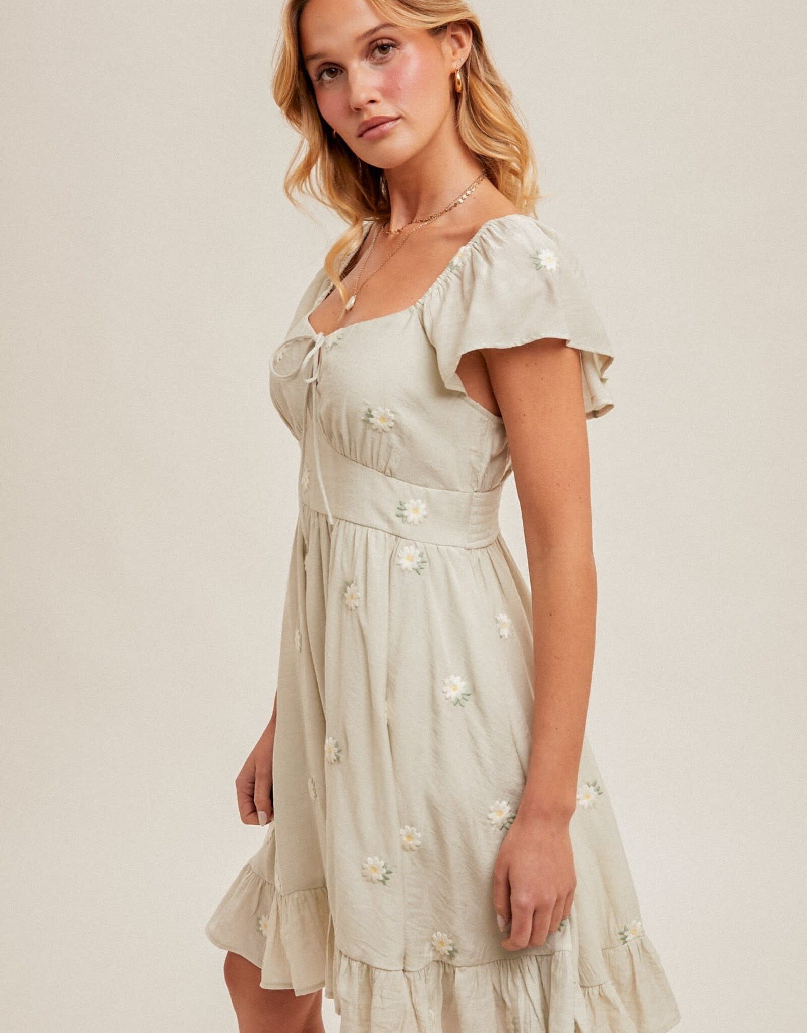 Miss Bliss H&T Daisy Embroidered Rfle Flutter Mini Dress-Sage