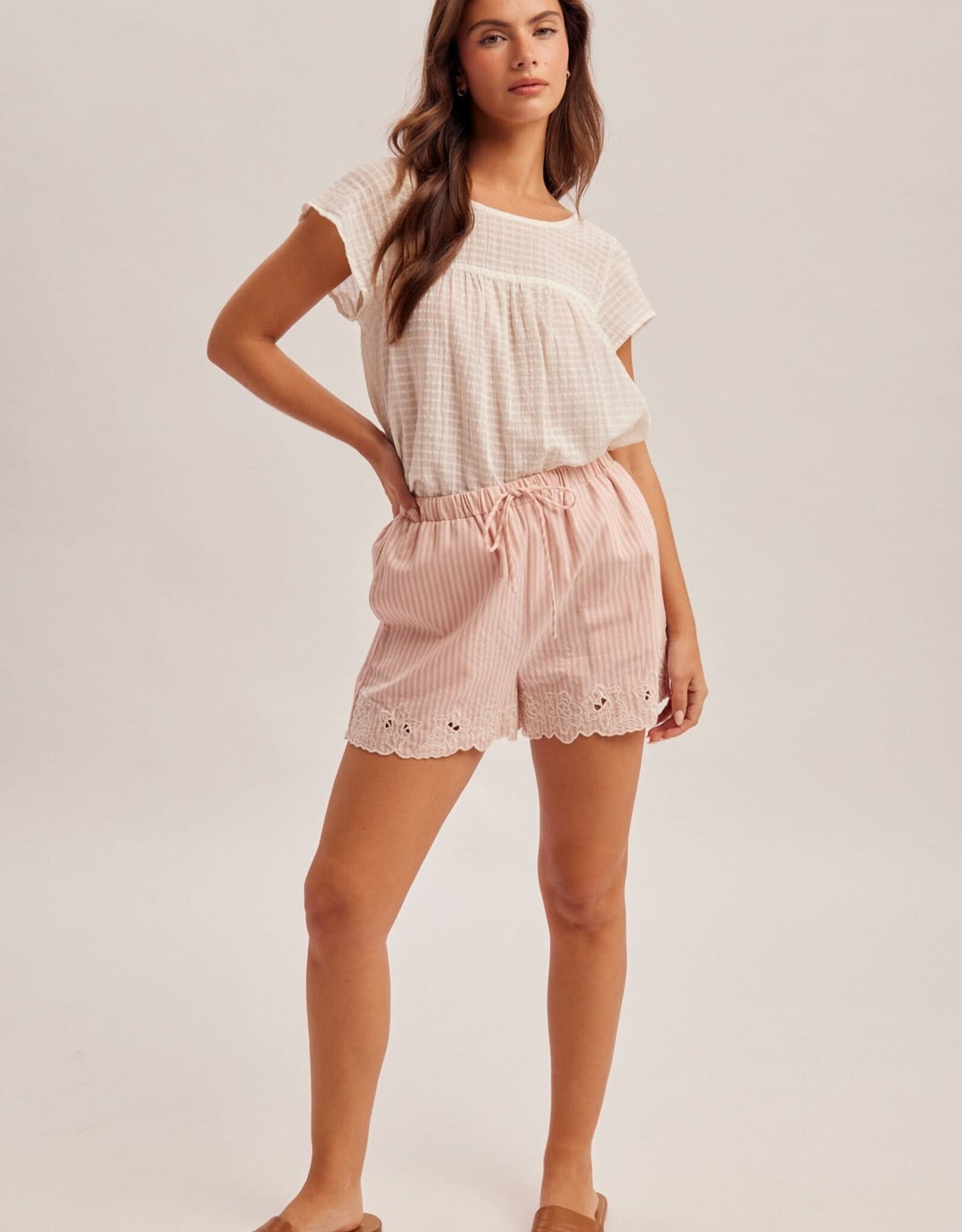 Miss Bliss Embroidered Stretch Drawstring Waist-Pink