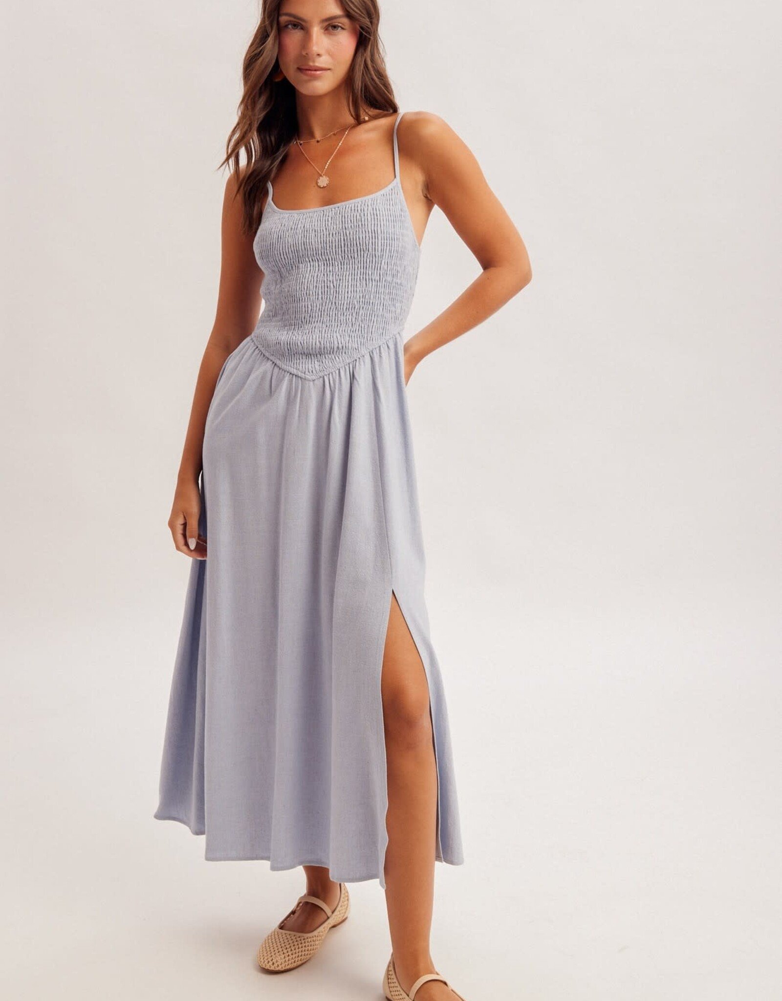 Miss Bliss H&T Corset Spaghetti Strap Flowing A Line Midi Dress-Lt Blue