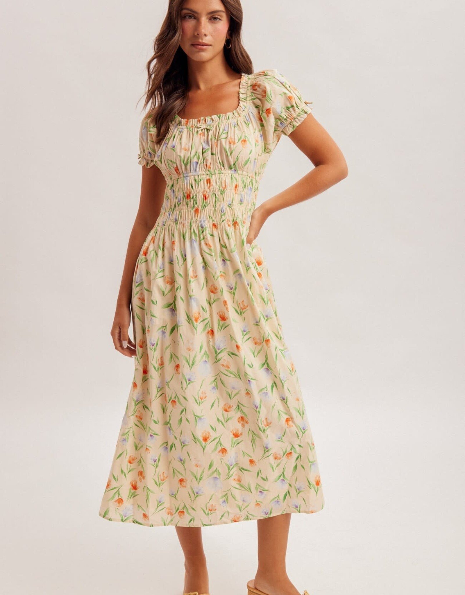 Miss Bliss H&T Floral Square Neck Puff Sleeve Midi Dress-Banana