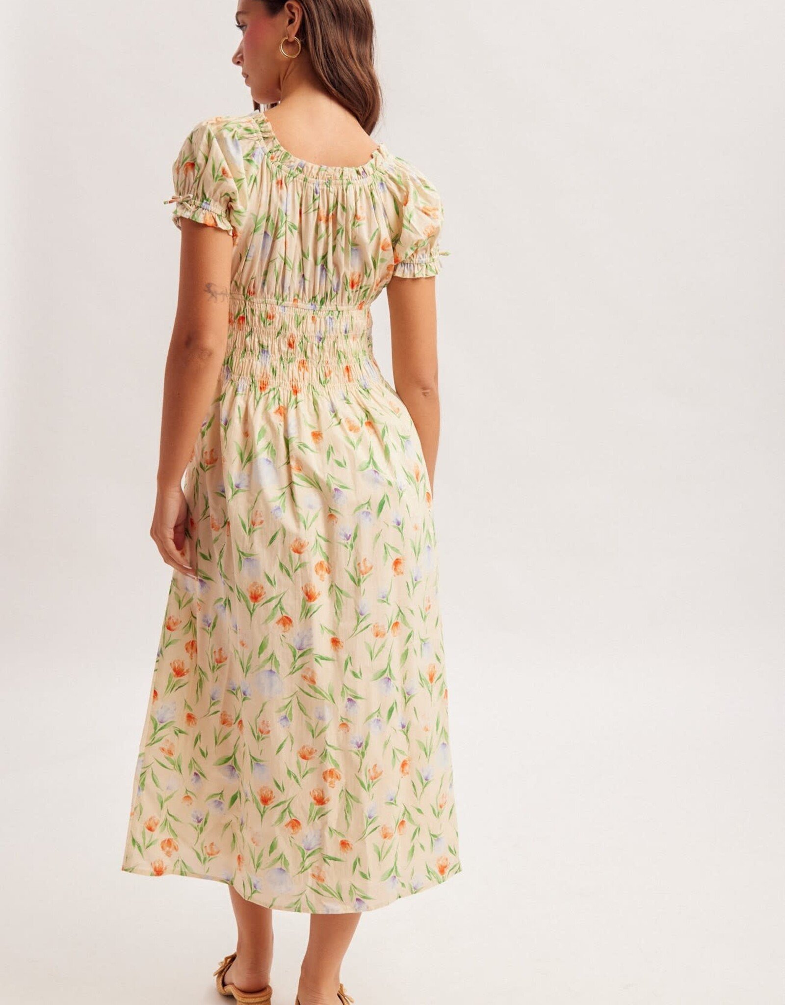 Miss Bliss H&T Floral Square Neck Puff Sleeve Midi Dress-Banana