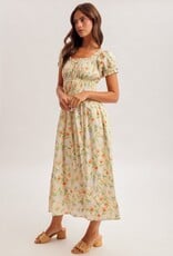 Miss Bliss H&T Floral Square Neck Puff Sleeve Midi Dress-Banana