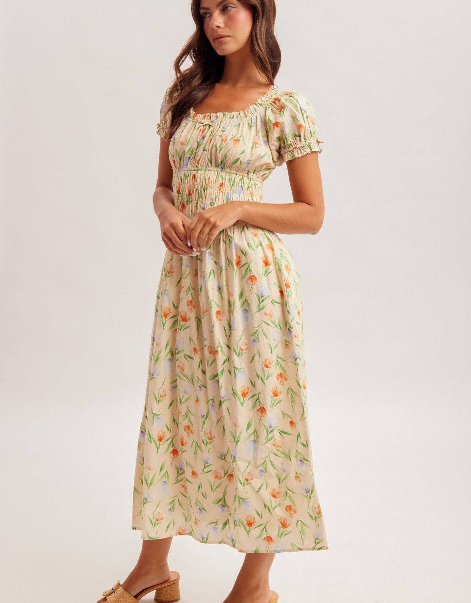 Miss Bliss H&T Floral Square Neck Puff Sleeve Midi Dress-Banana