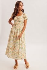 Miss Bliss H&T Floral Square Neck Puff Sleeve Midi Dress-Banana