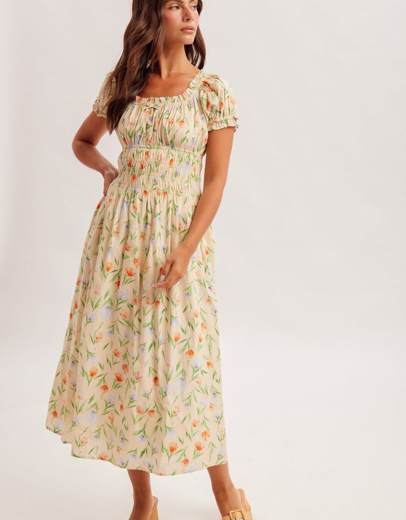 Miss Bliss H&T Floral Square Neck Puff Sleeve Midi Dress-Banana