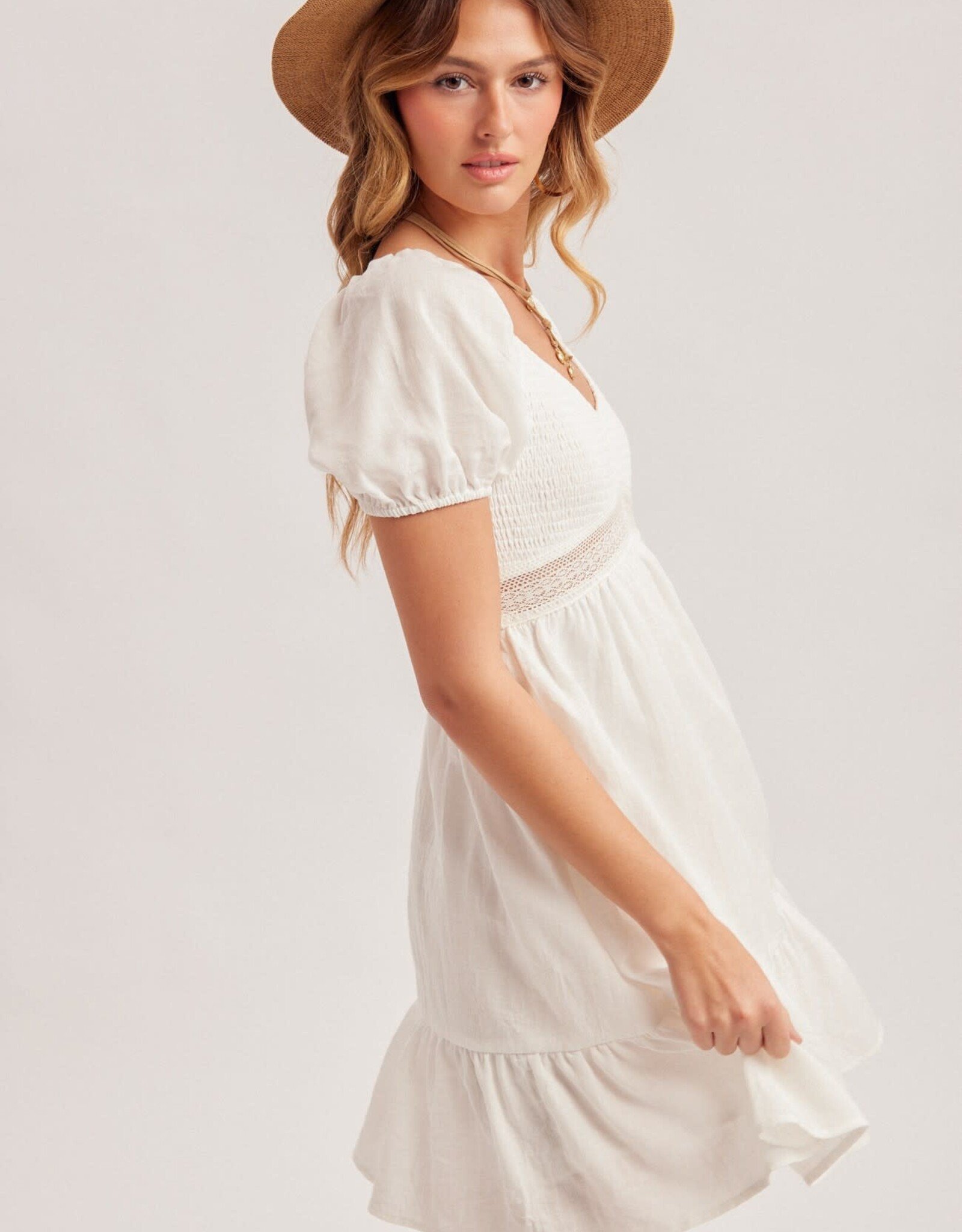 Miss Bliss H&T Bubble Slv Smock Lace Dtl Ruffle Mini Dress-White