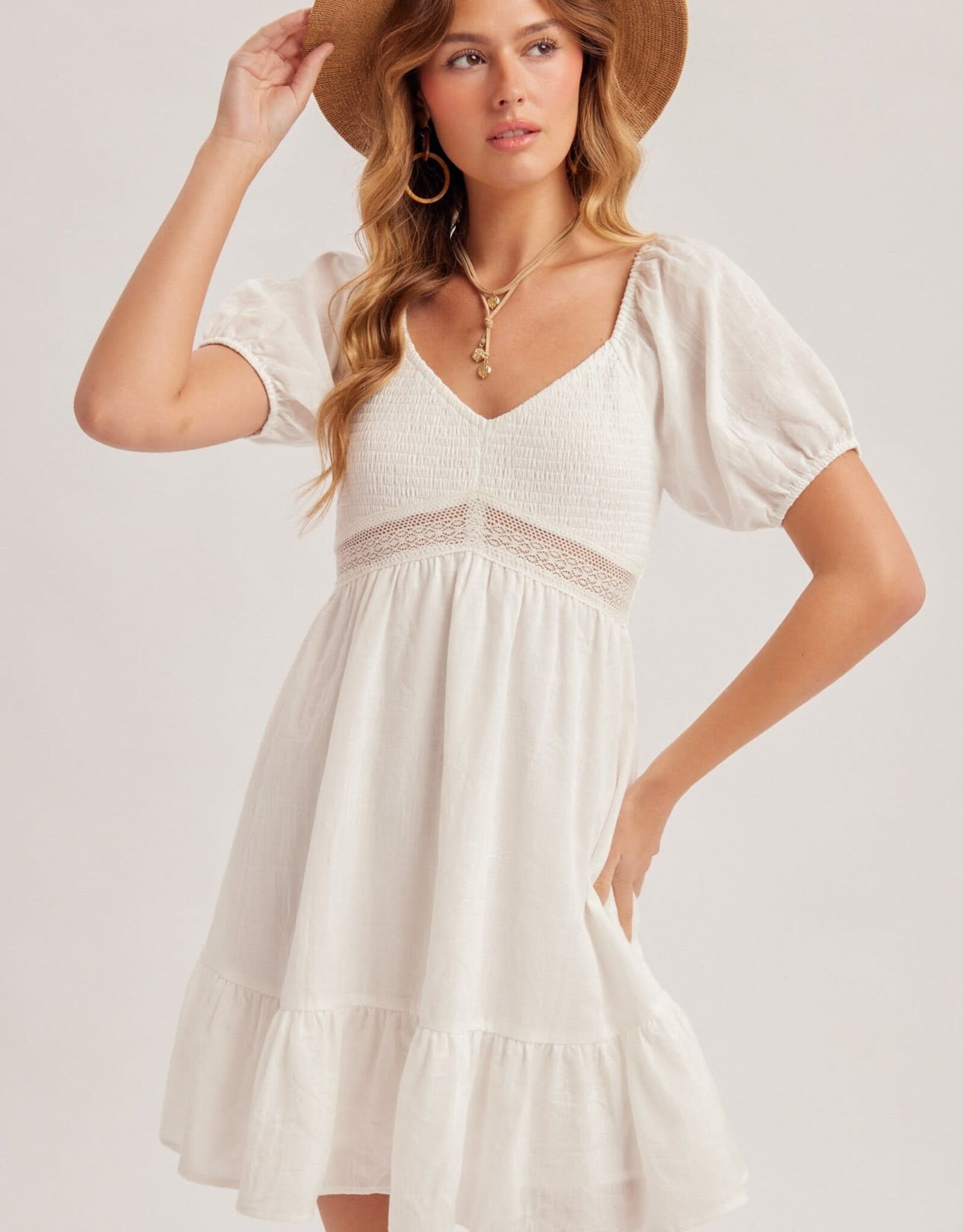 Miss Bliss H&T Bubble Slv Smock Lace Dtl Ruffle Mini Dress-White