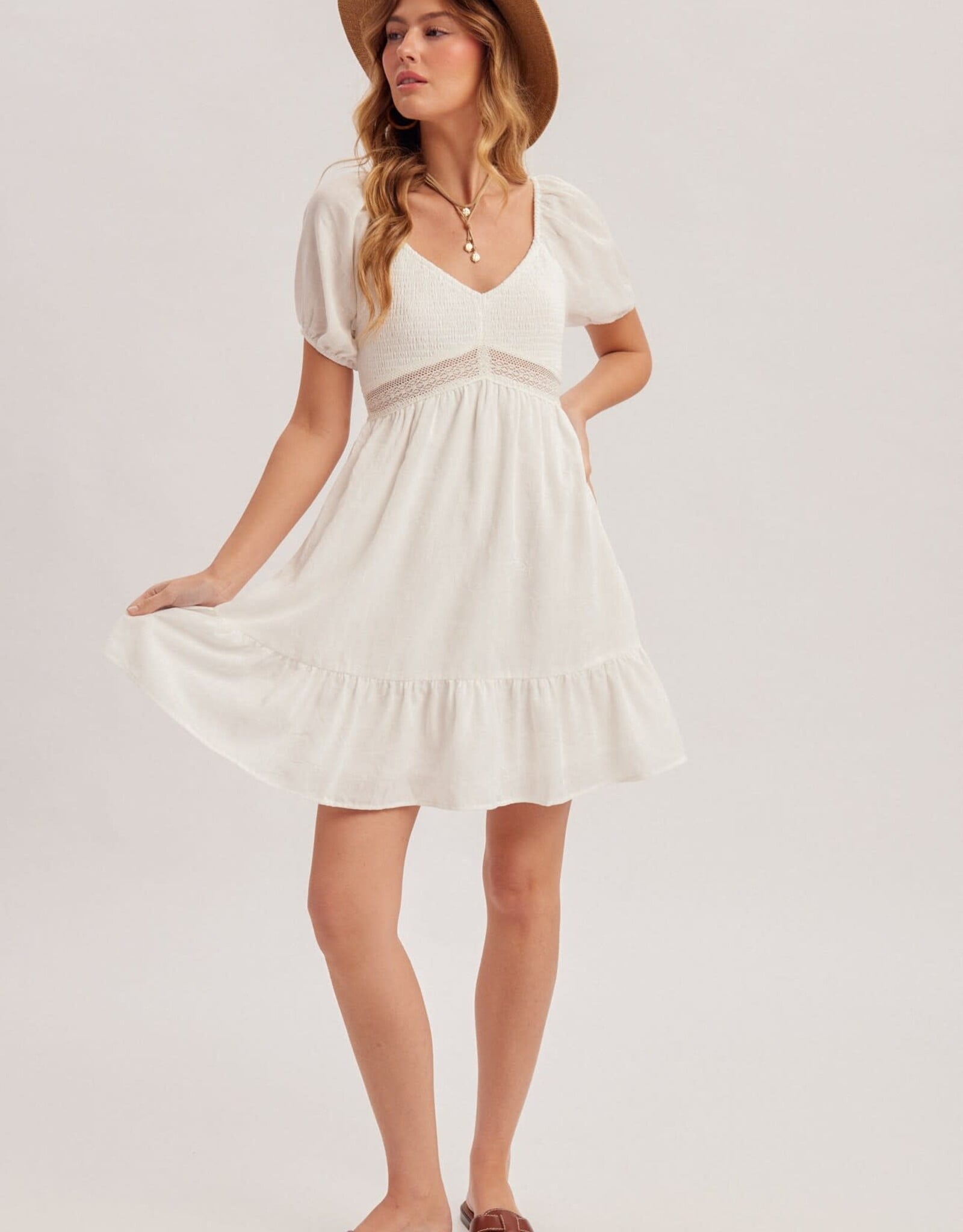 Miss Bliss H&T Bubble Slv Smock Lace Dtl Ruffle Mini Dress-White