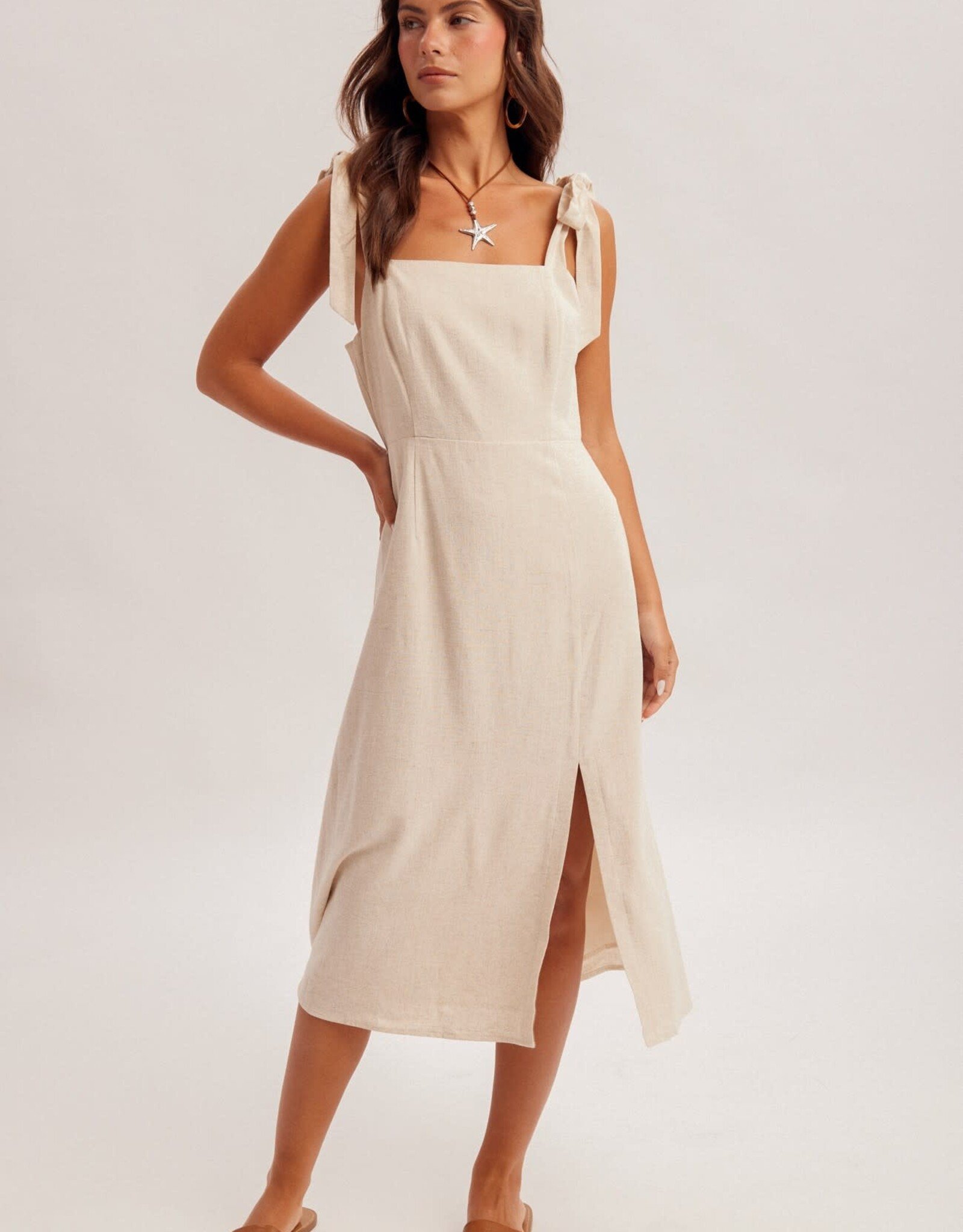 Miss Bliss H&T Square Nck Tie Smock Bck Linen Midi Dress W Slit-Oat