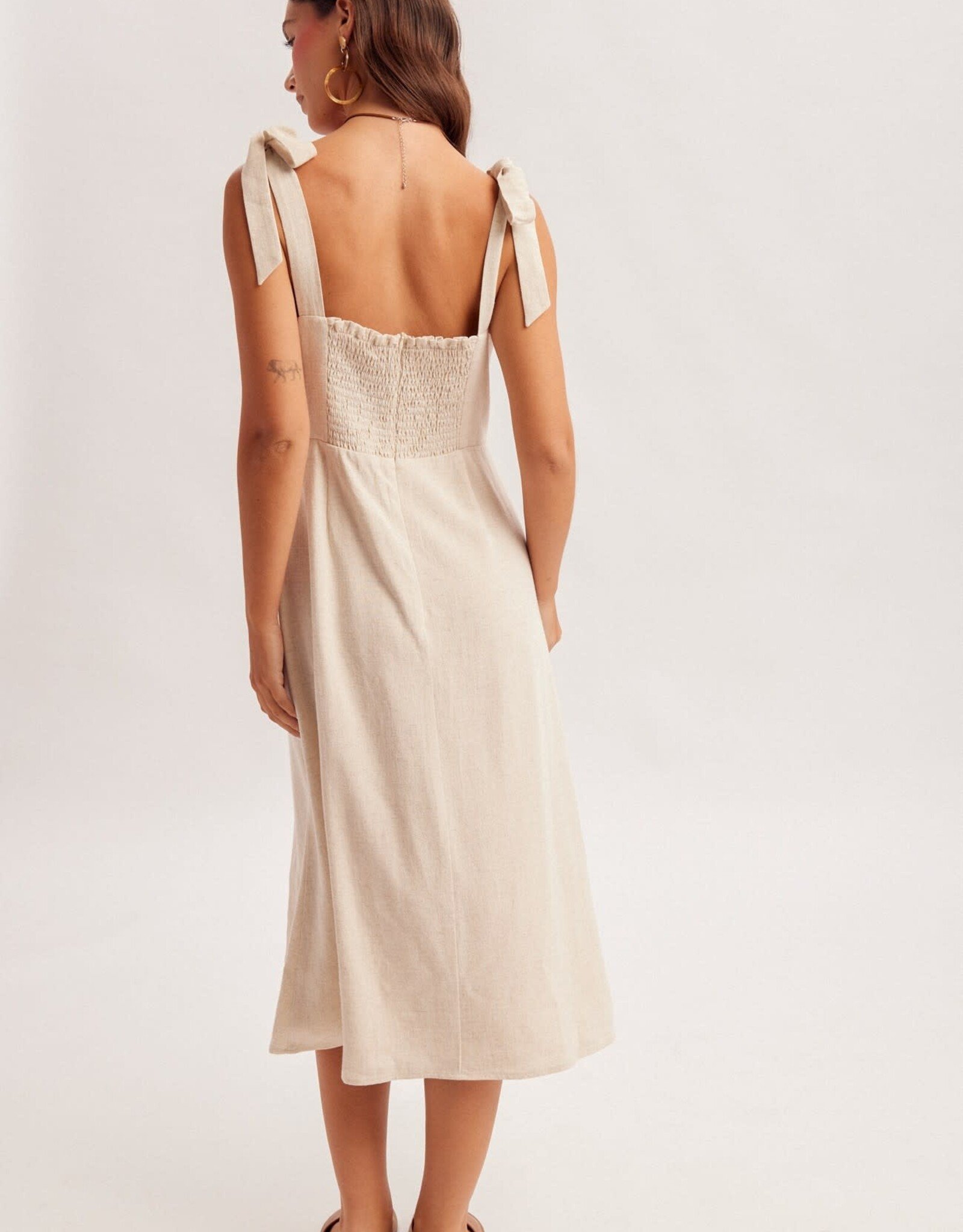 Miss Bliss H&T Square Nck Tie Smock Bck Linen Midi Dress W Slit-Oat