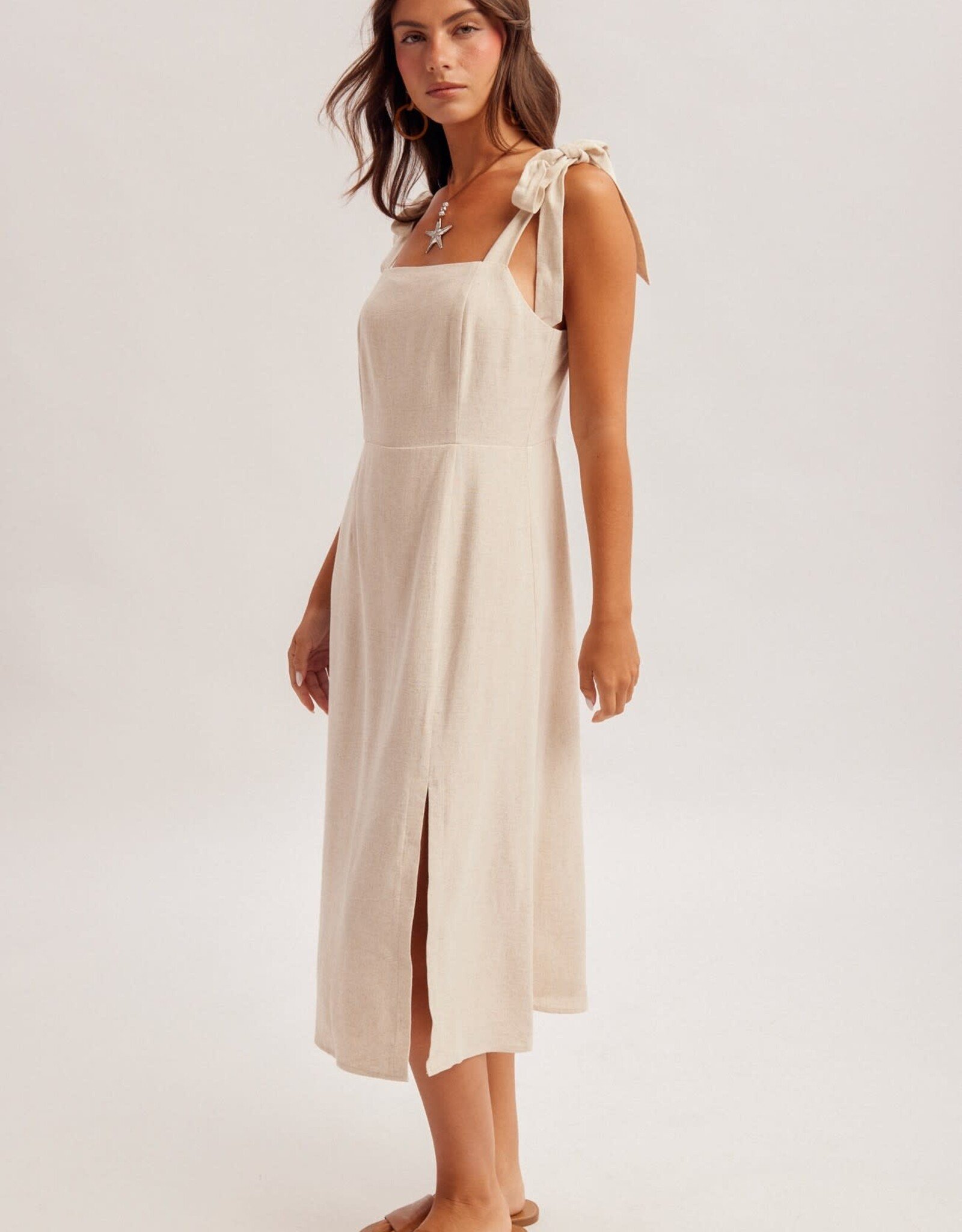 Miss Bliss H&T Square Nck Tie Smock Bck Linen Midi Dress W Slit-Oat