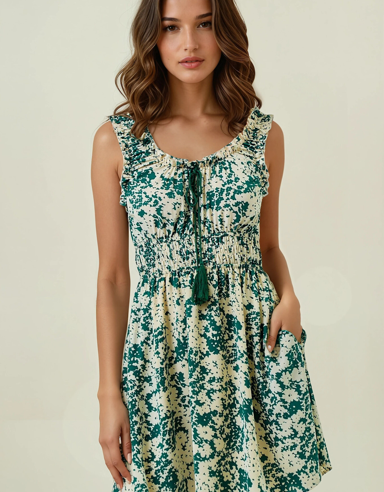 Miss Bliss D&R Cinched Waist Floral Woven Dress-Green