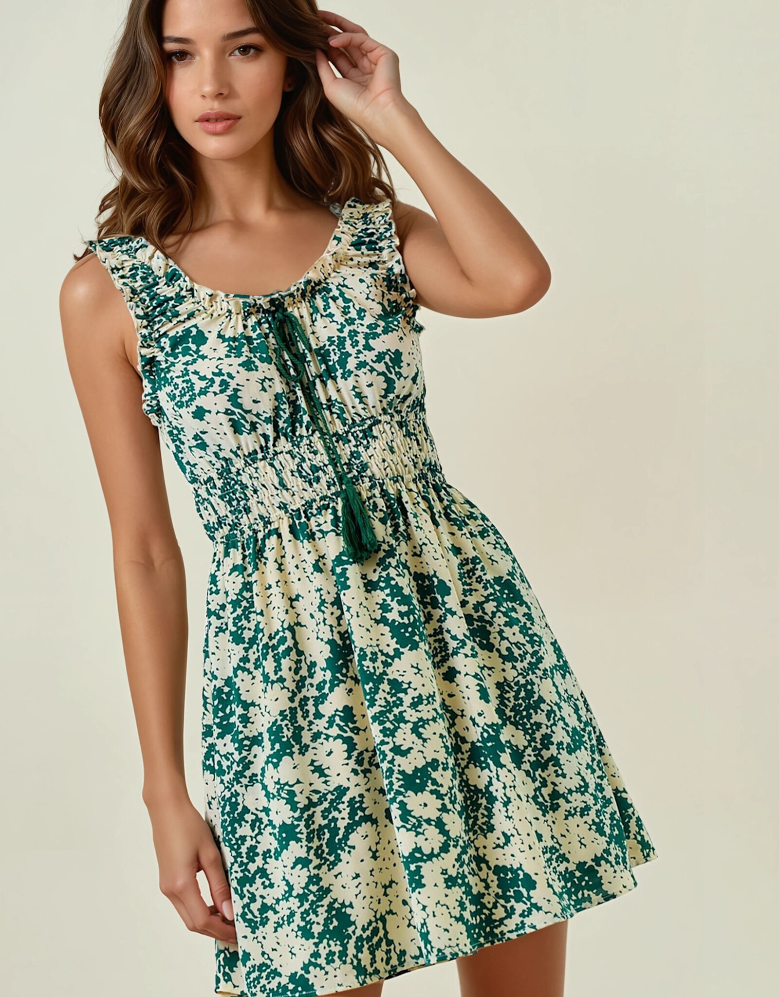 Miss Bliss D&R Cinched Waist Floral Woven Dress-Green