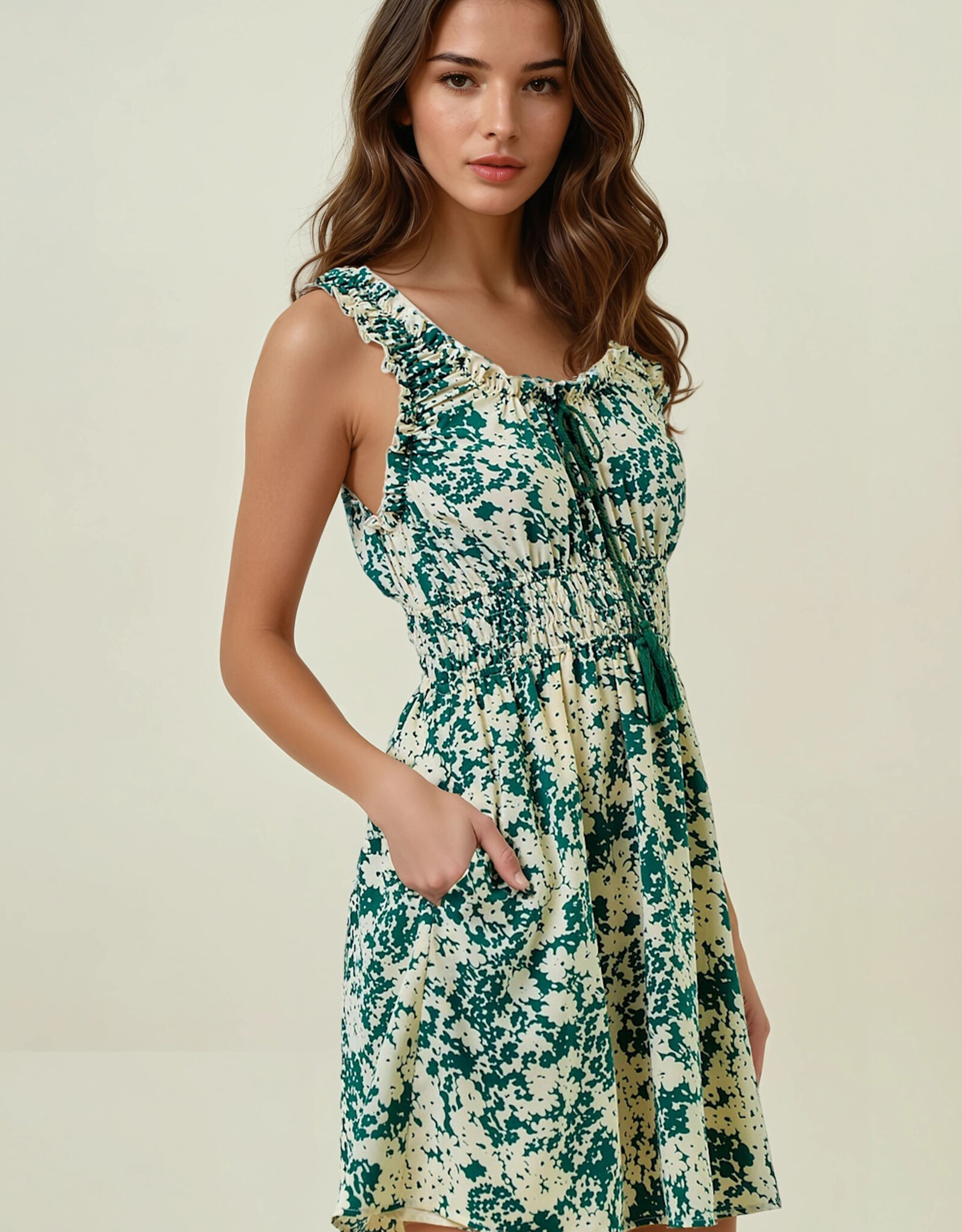 Miss Bliss D&R Cinched Waist Floral Woven Dress-Green
