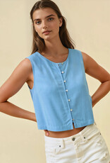 Miss Bliss D&R Crop Tank Top With Button Front Detail-Dusty Blue