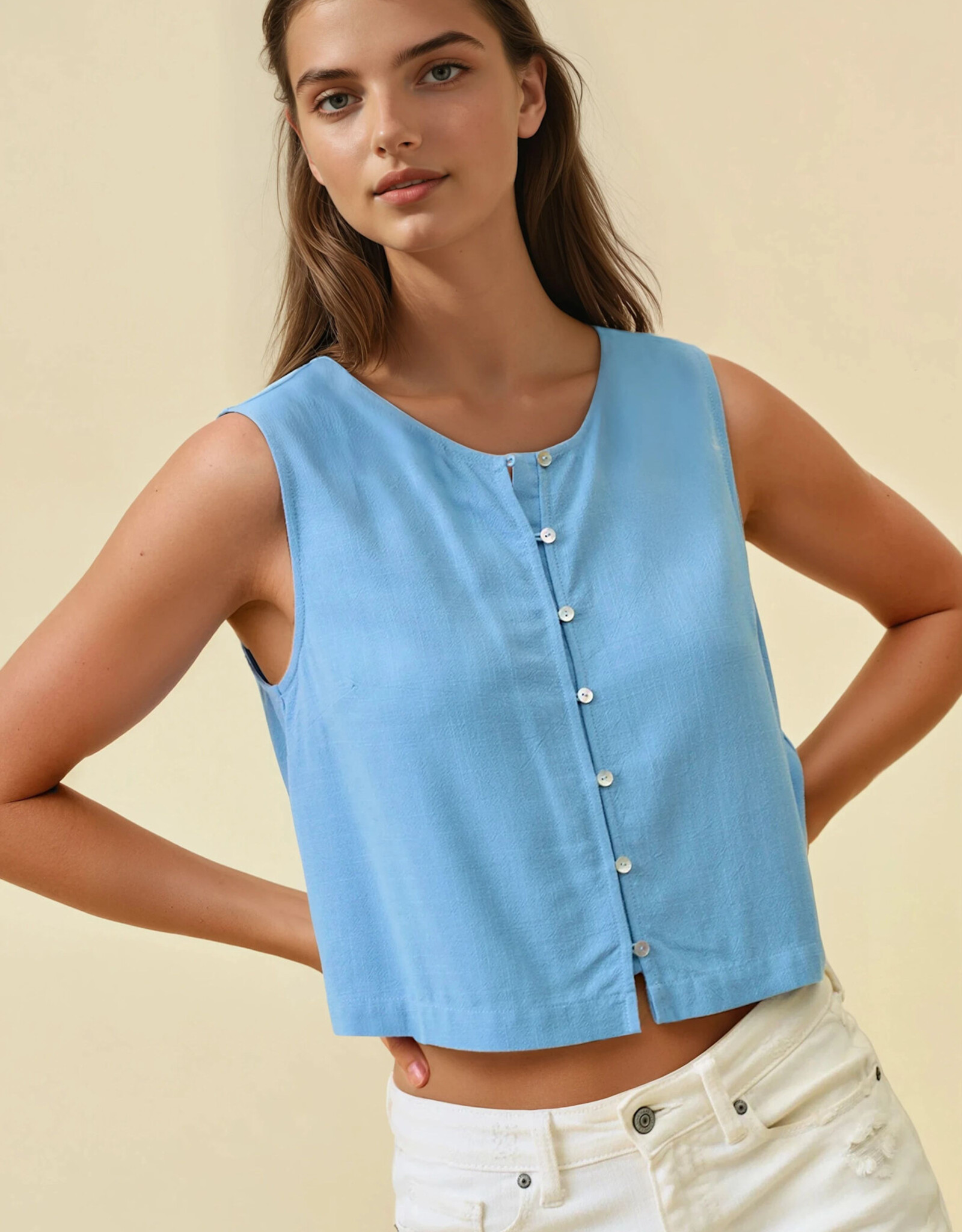 Miss Bliss D&R Crop Tank Top With Button Front Detail-Dusty Blue