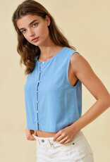 Miss Bliss D&R Crop Tank Top With Button Front Detail-Dusty Blue