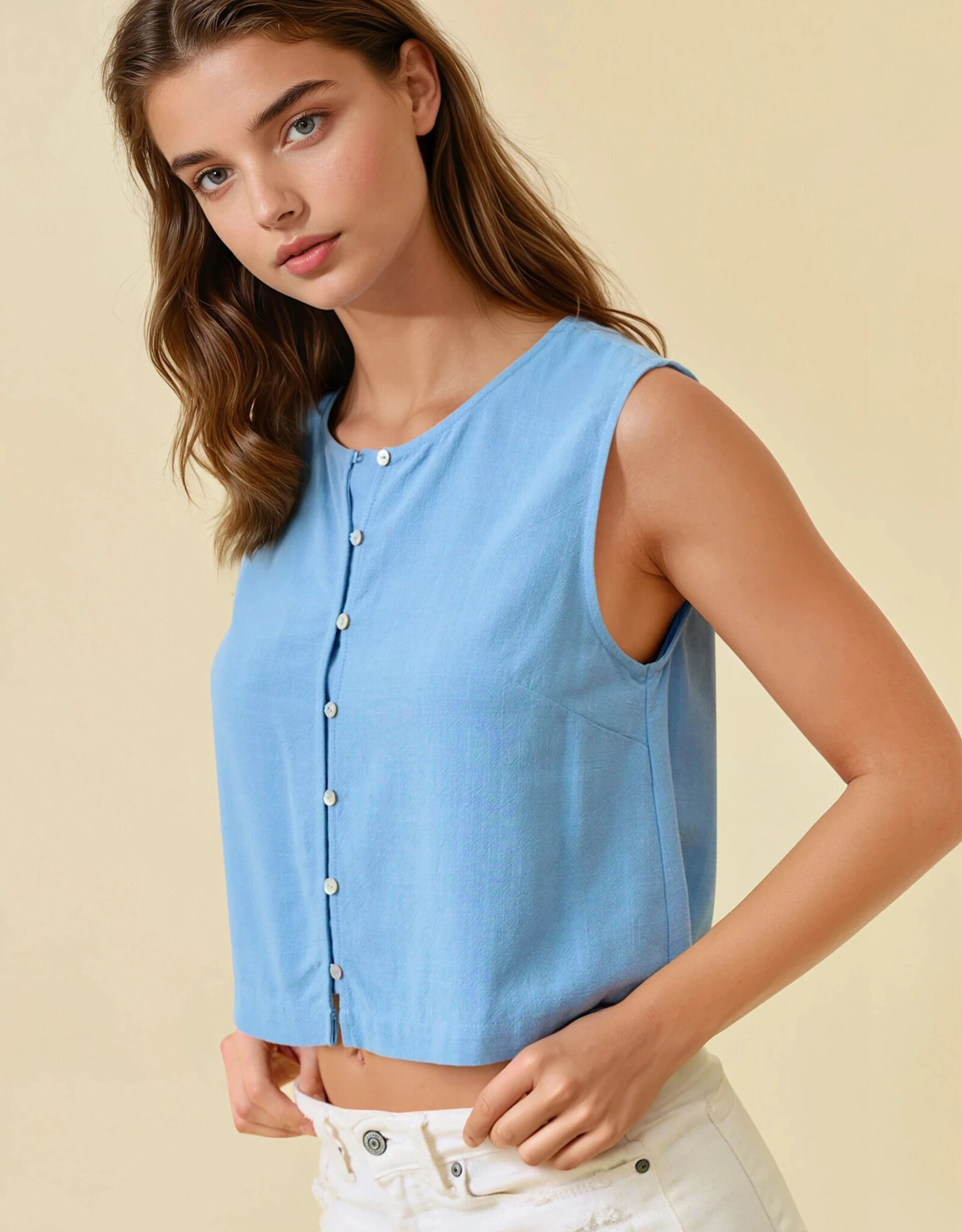Miss Bliss D&R Crop Tank Top With Button Front Detail-Dusty Blue