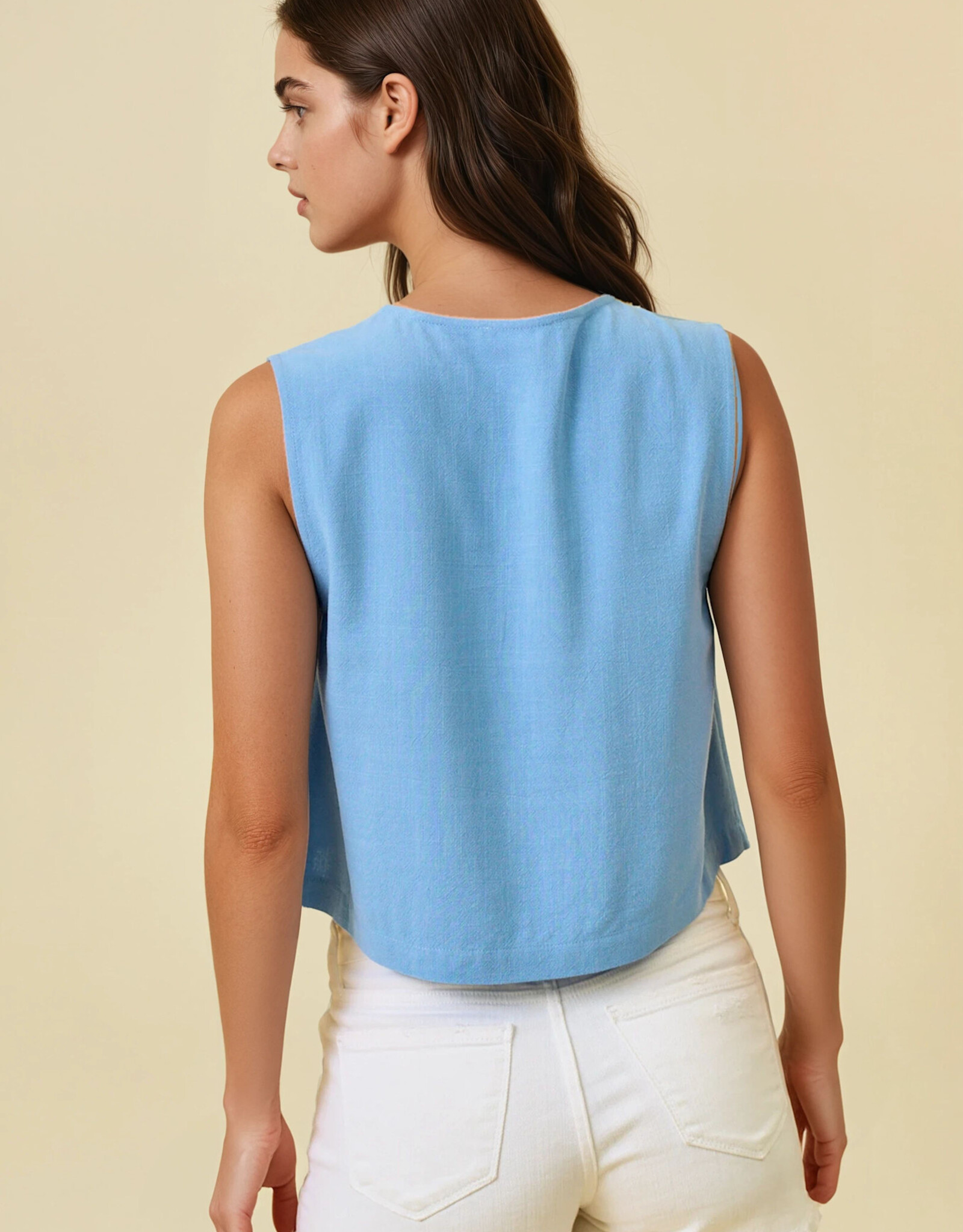 Miss Bliss D&R Crop Tank Top With Button Front Detail-Dusty Blue