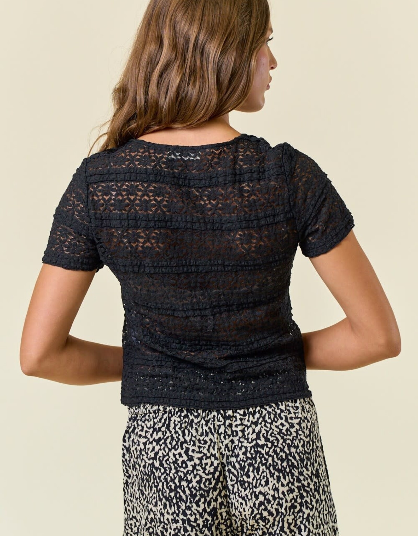 Miss Bliss D&R Ruffle Stretch Lace Slv Fitted Top-Black