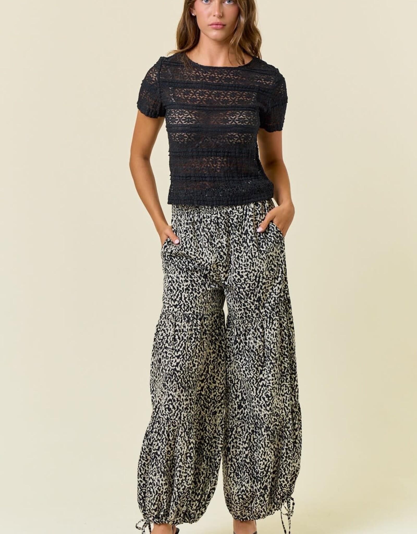 Miss Bliss D&R Ruffle Stretch Lace Slv Fitted Top-Black