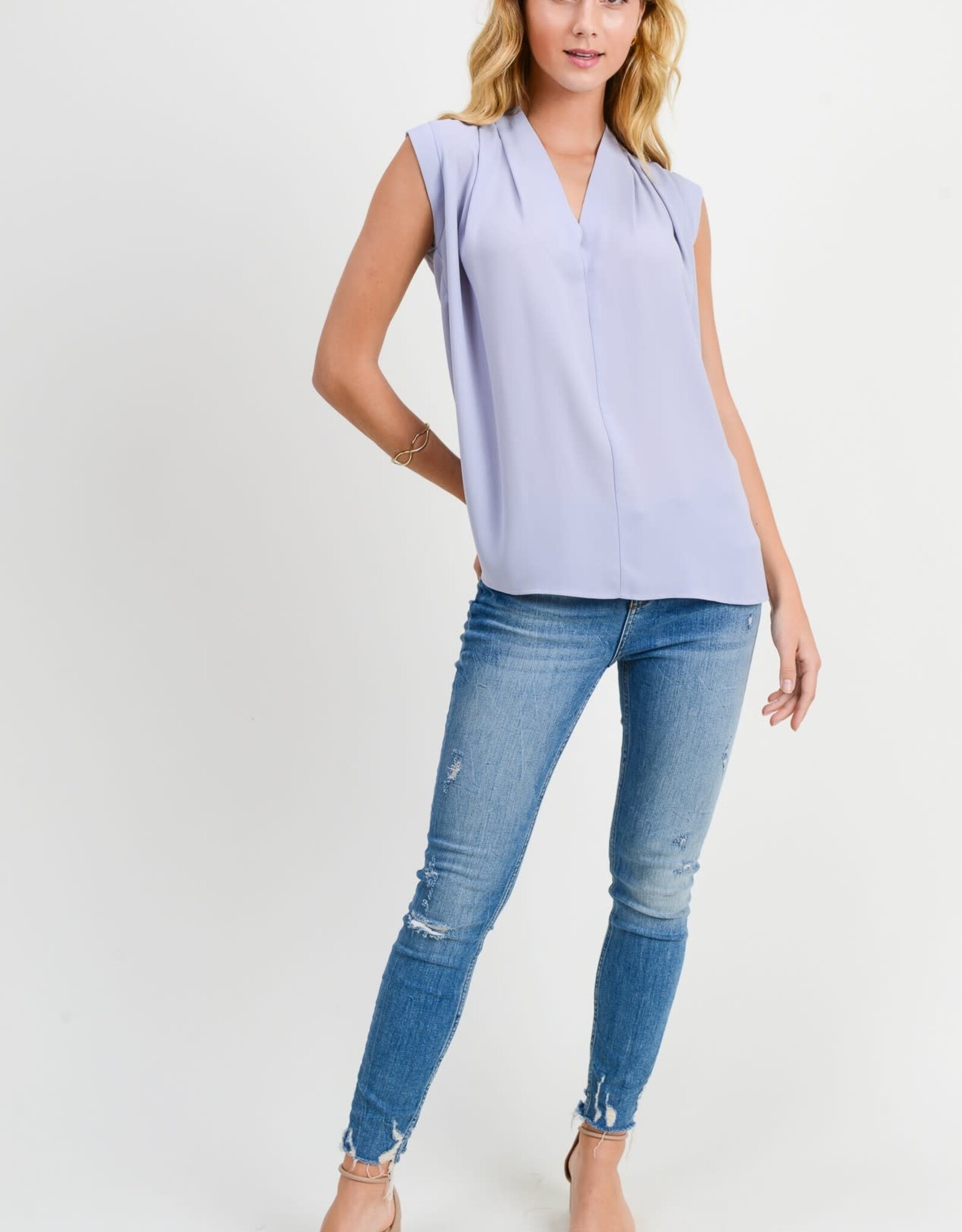 Miss Bliss D&R Raised Neck Pleat Deep V Neck Slvls Top-Grey