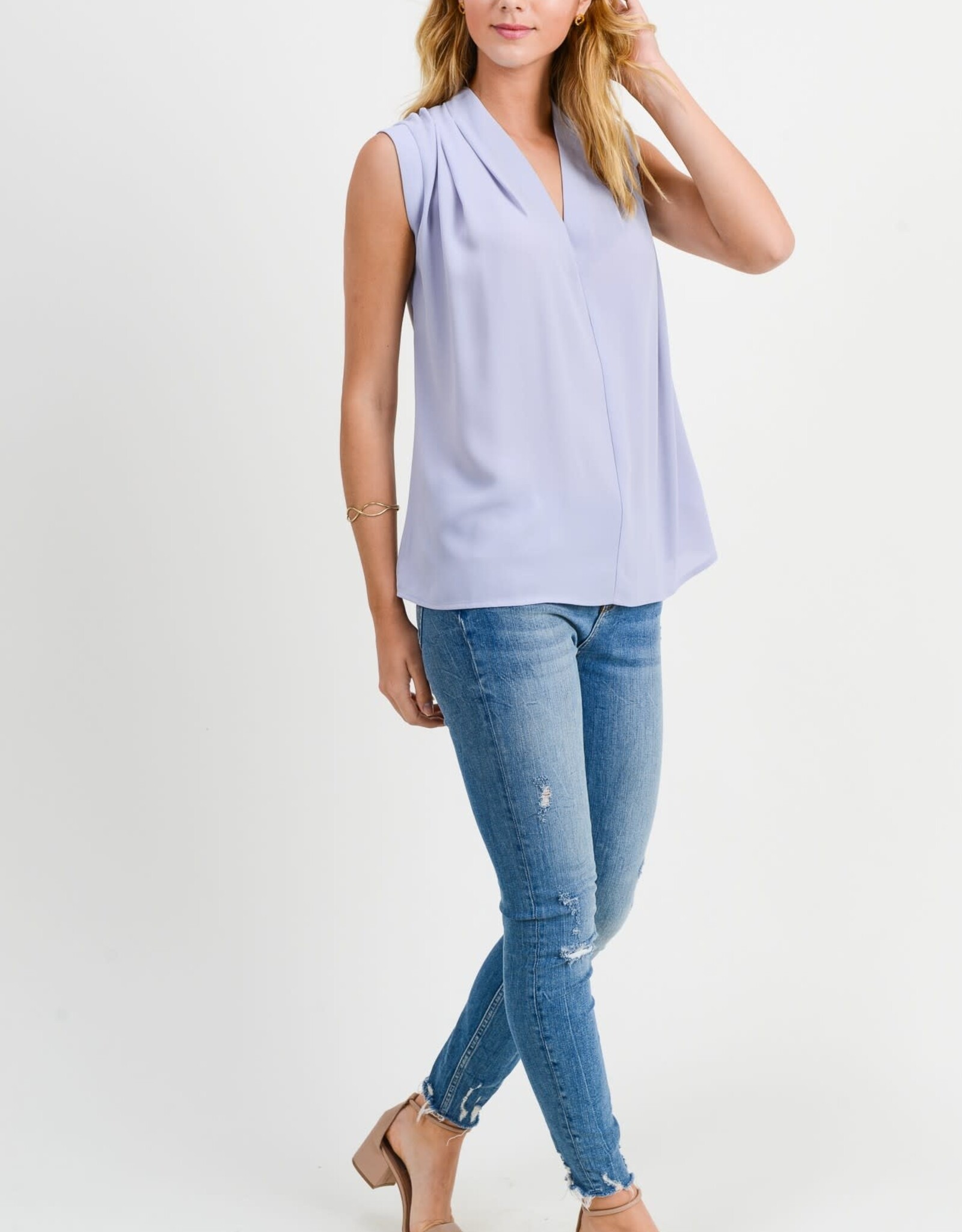 Miss Bliss D&R Raised Neck Pleat Deep V Neck Slvls Top-Grey