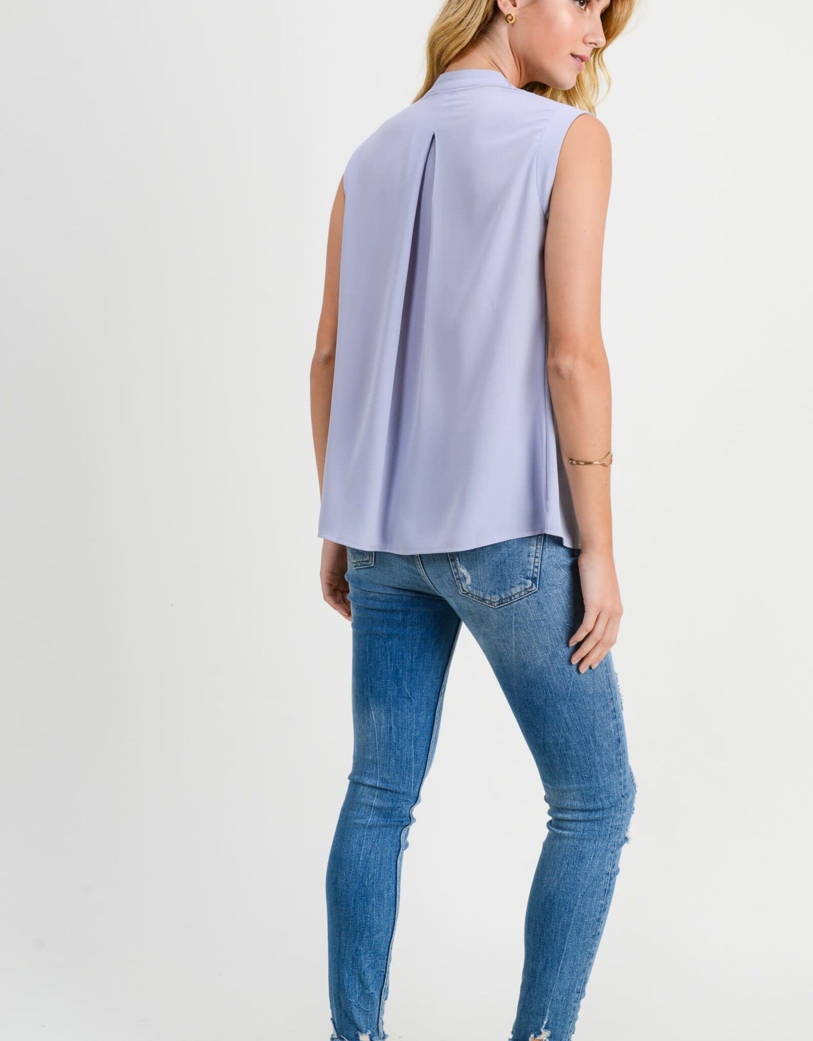 Miss Bliss D&R Raised Neck Pleat Deep V Neck Slvls Top-Grey