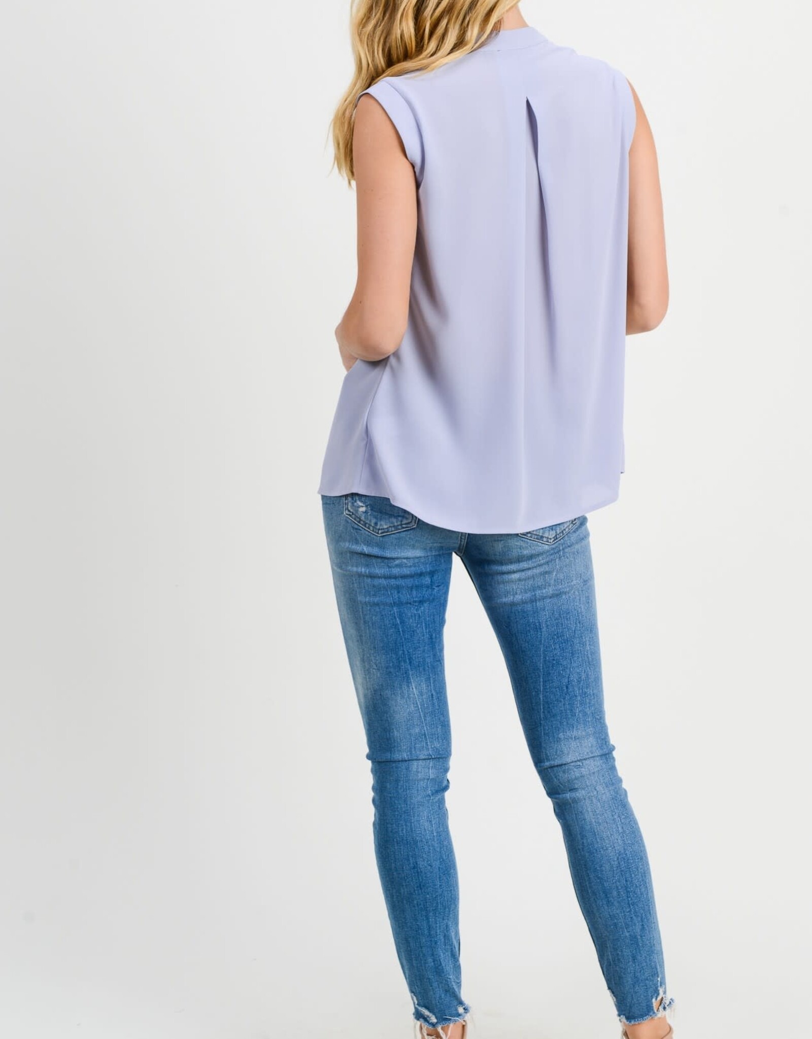 Miss Bliss D&R Raised Neck Pleat Deep V Neck Slvls Top-Grey