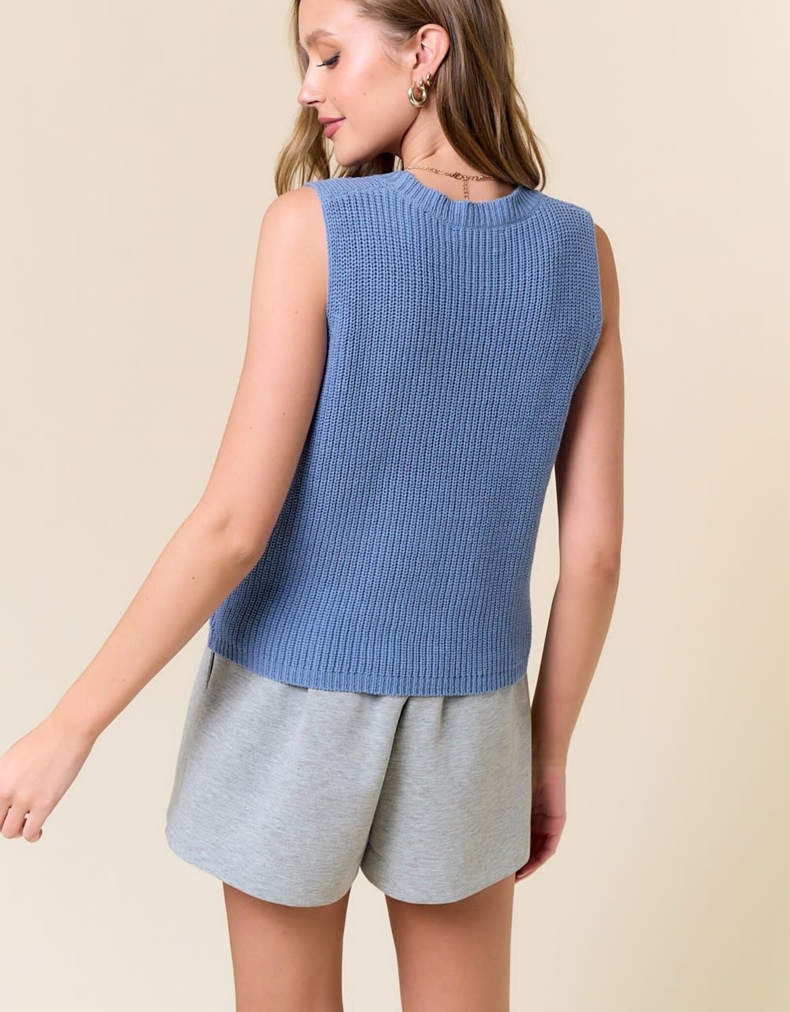 Miss Bliss D&R Round Neck Summer Sweater Tank Top-Lt Blue