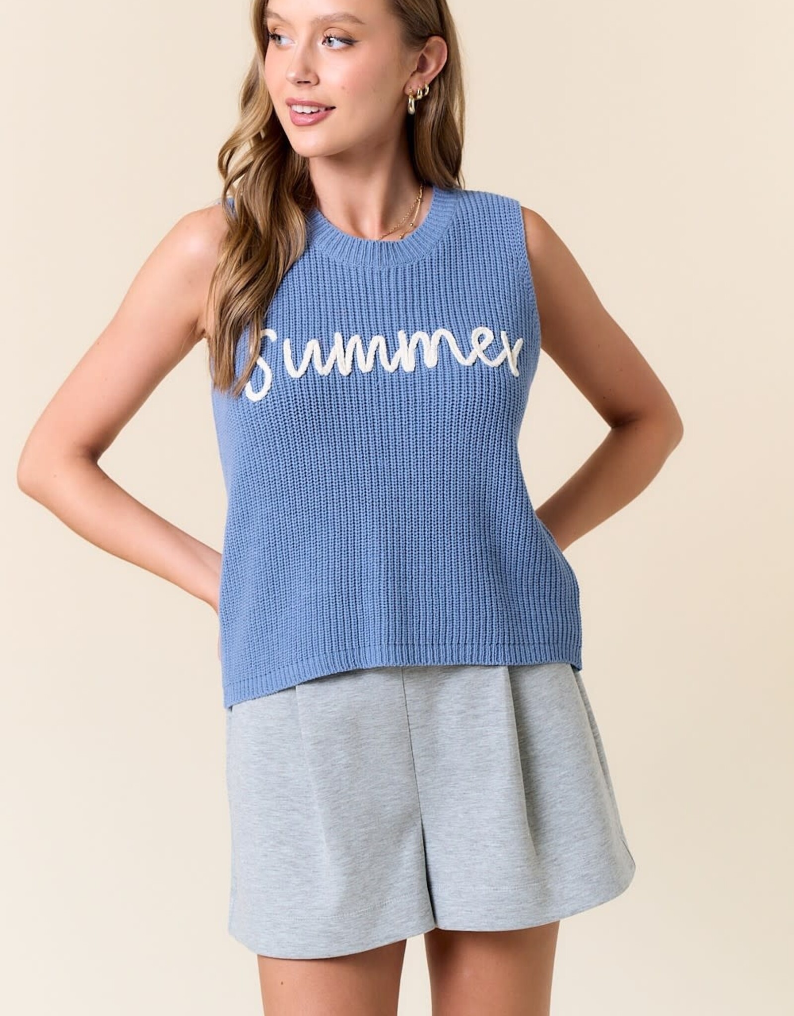 Miss Bliss D&R Round Neck Summer Sweater Tank Top-Lt Blue