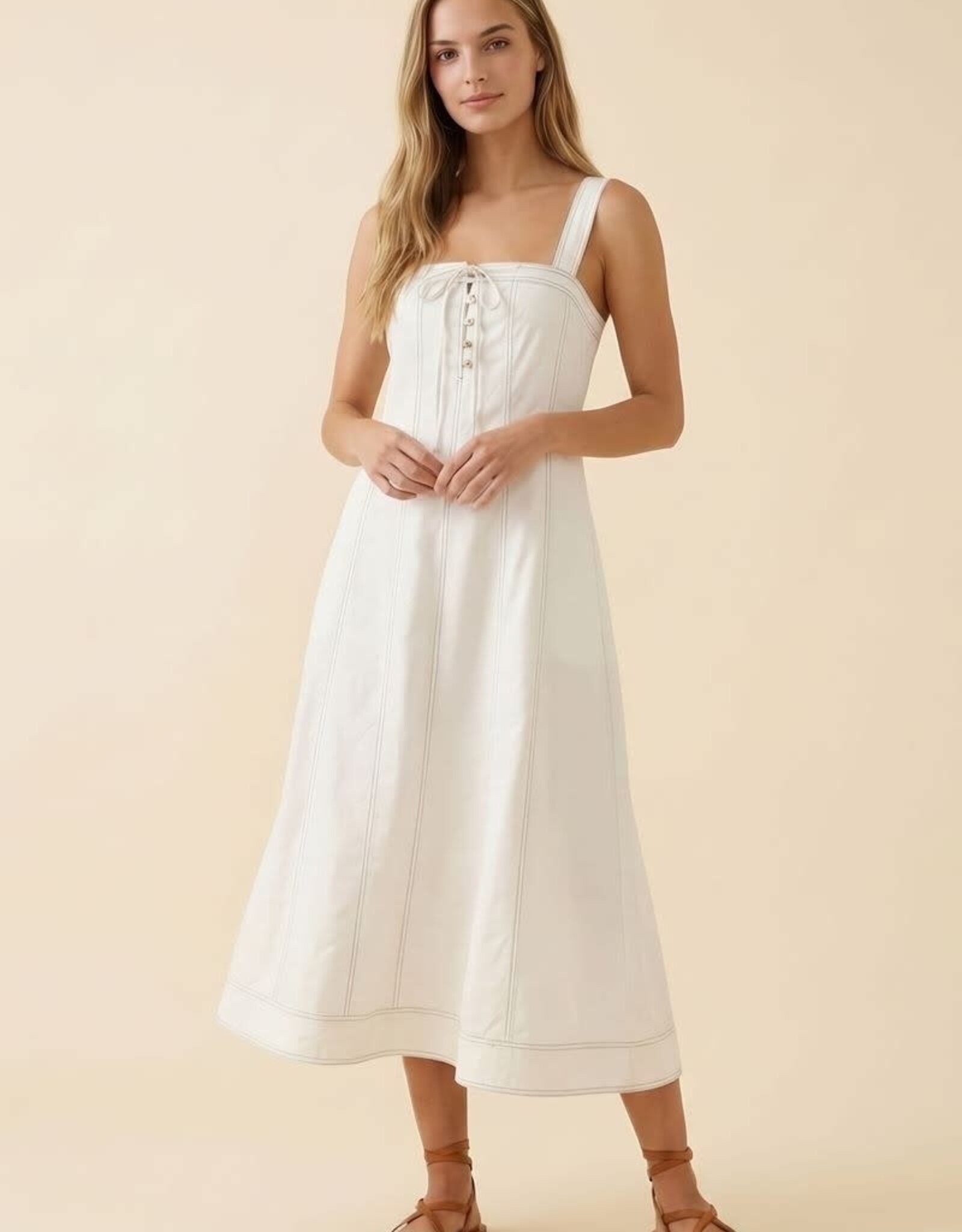 Miss Bliss D&R Contrast Top Stitch & Btn Strap Midi Dress-Off White