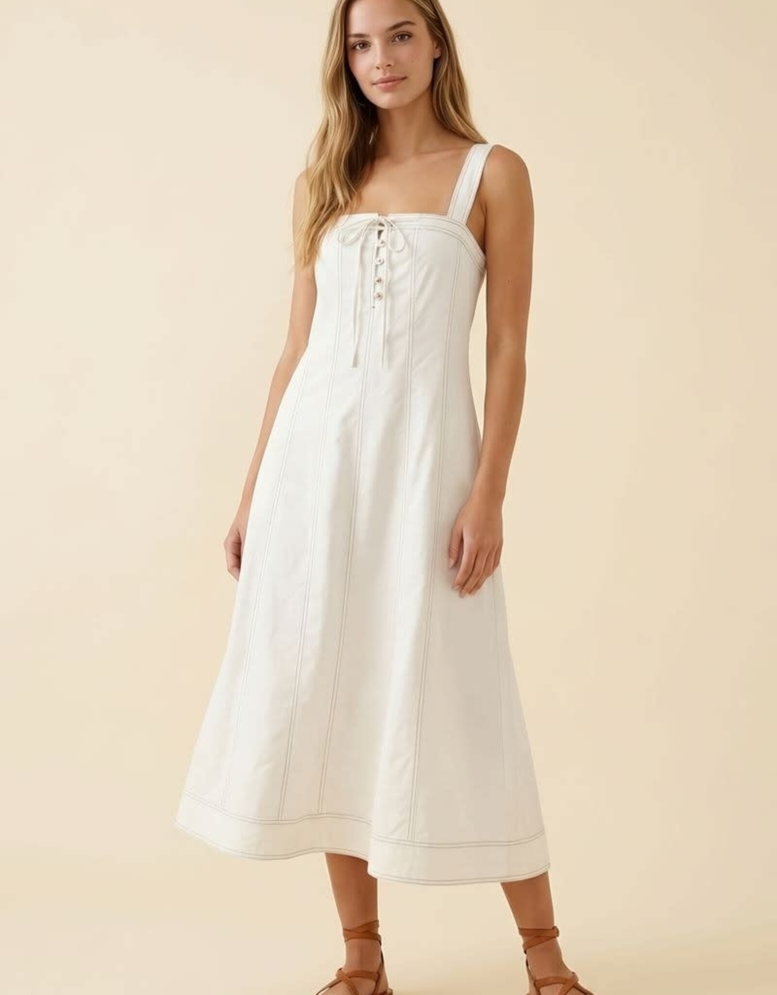 Miss Bliss D&R Contrast Top Stitch & Btn Strap Midi Dress-Off White