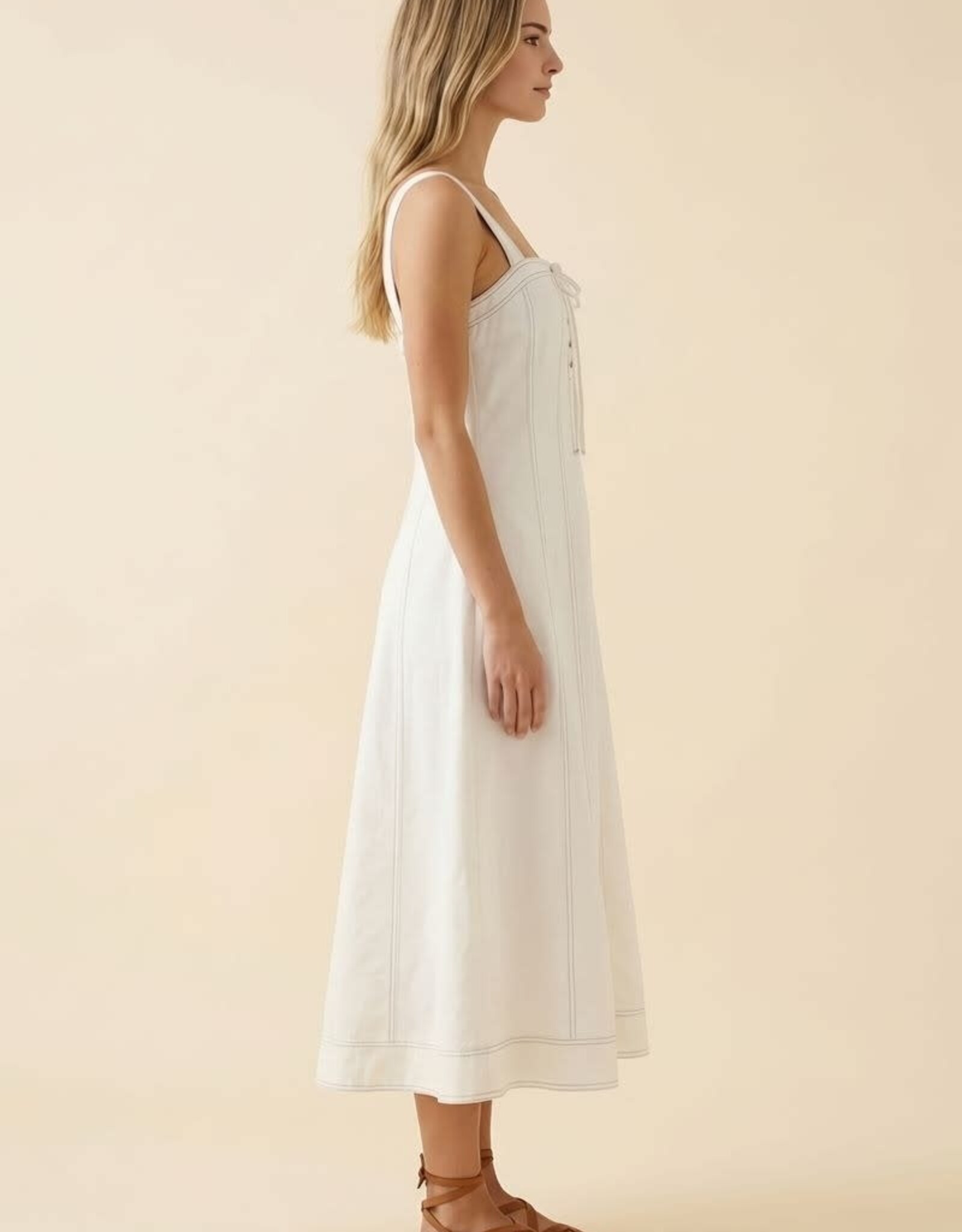 Miss Bliss D&R Contrast Top Stitch & Btn Strap Midi Dress-Off White