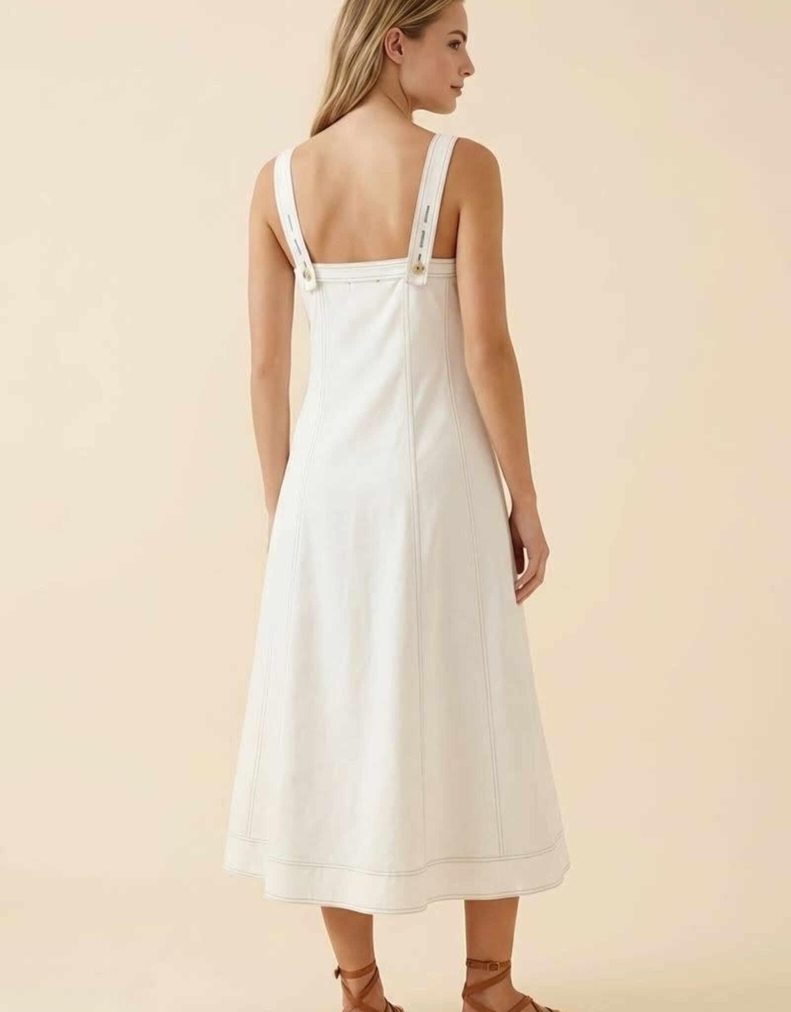 Miss Bliss D&R Contrast Top Stitch & Btn Strap Midi Dress-Off White
