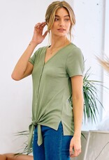 Miss Bliss D&R Front Tie Short Sleeve Button Top-Olive